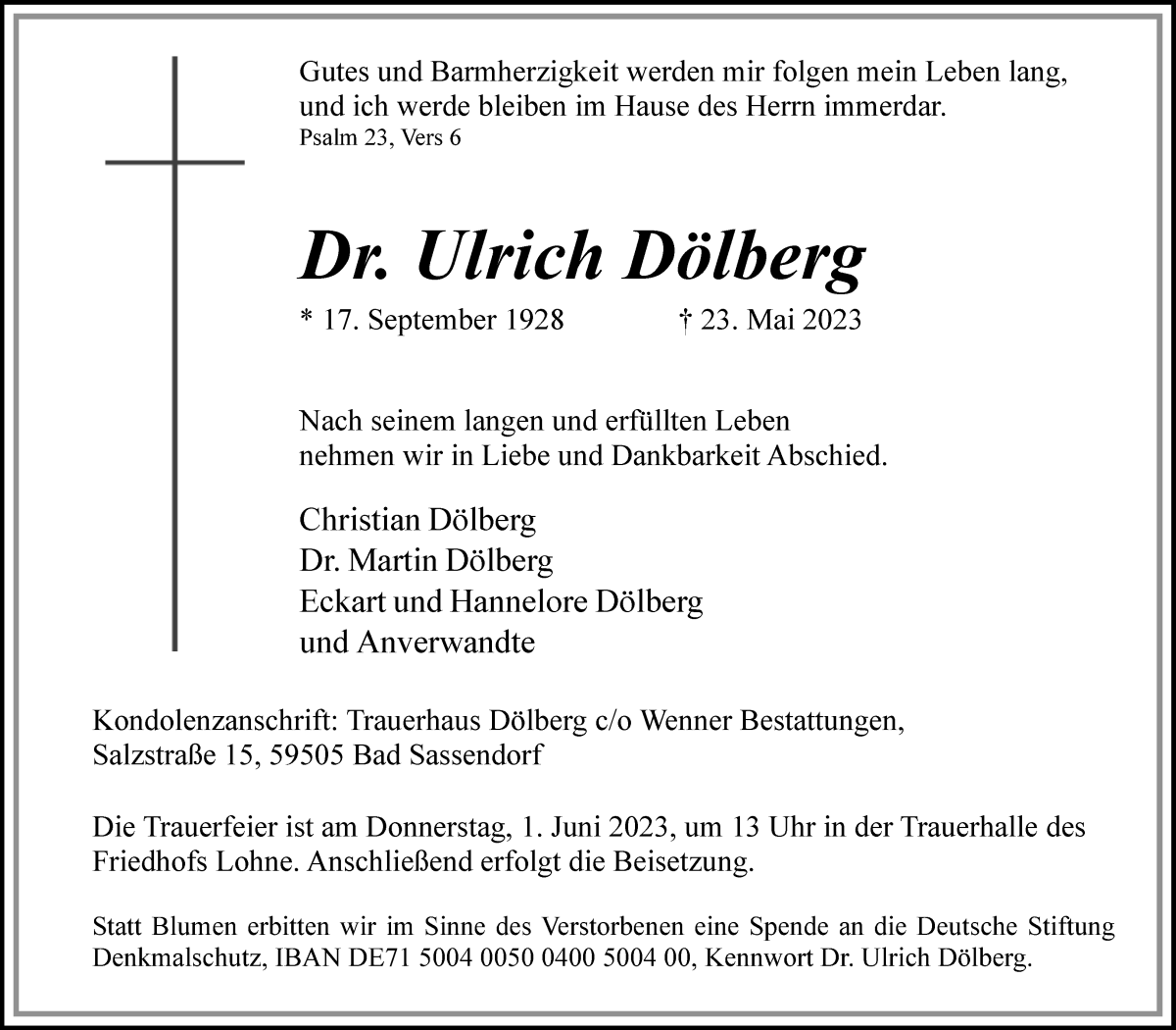 Traueranzeige von Ulrich Dölberg von Wuemme Zeitung