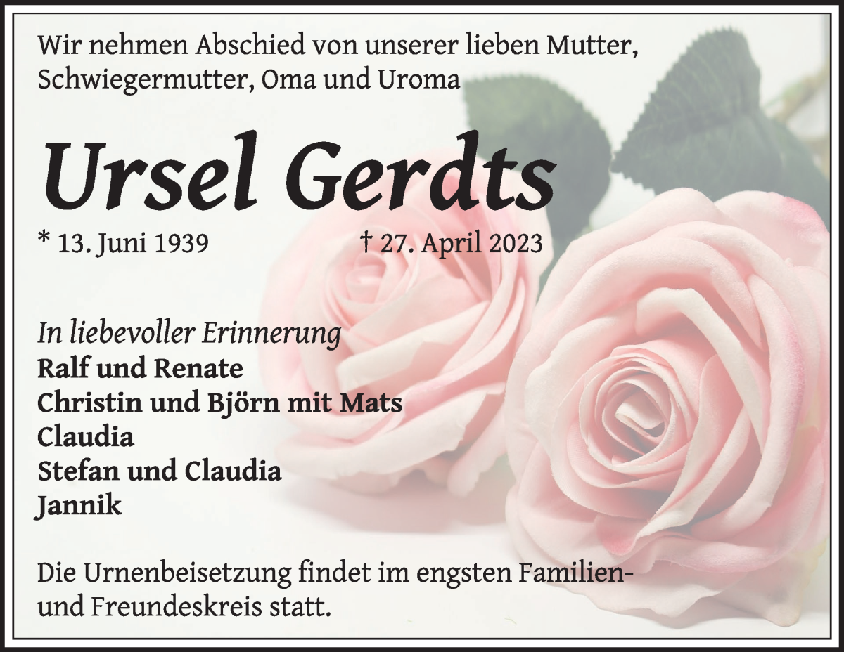 Traueranzeige von Ursel Gerdts von WESER-KURIER