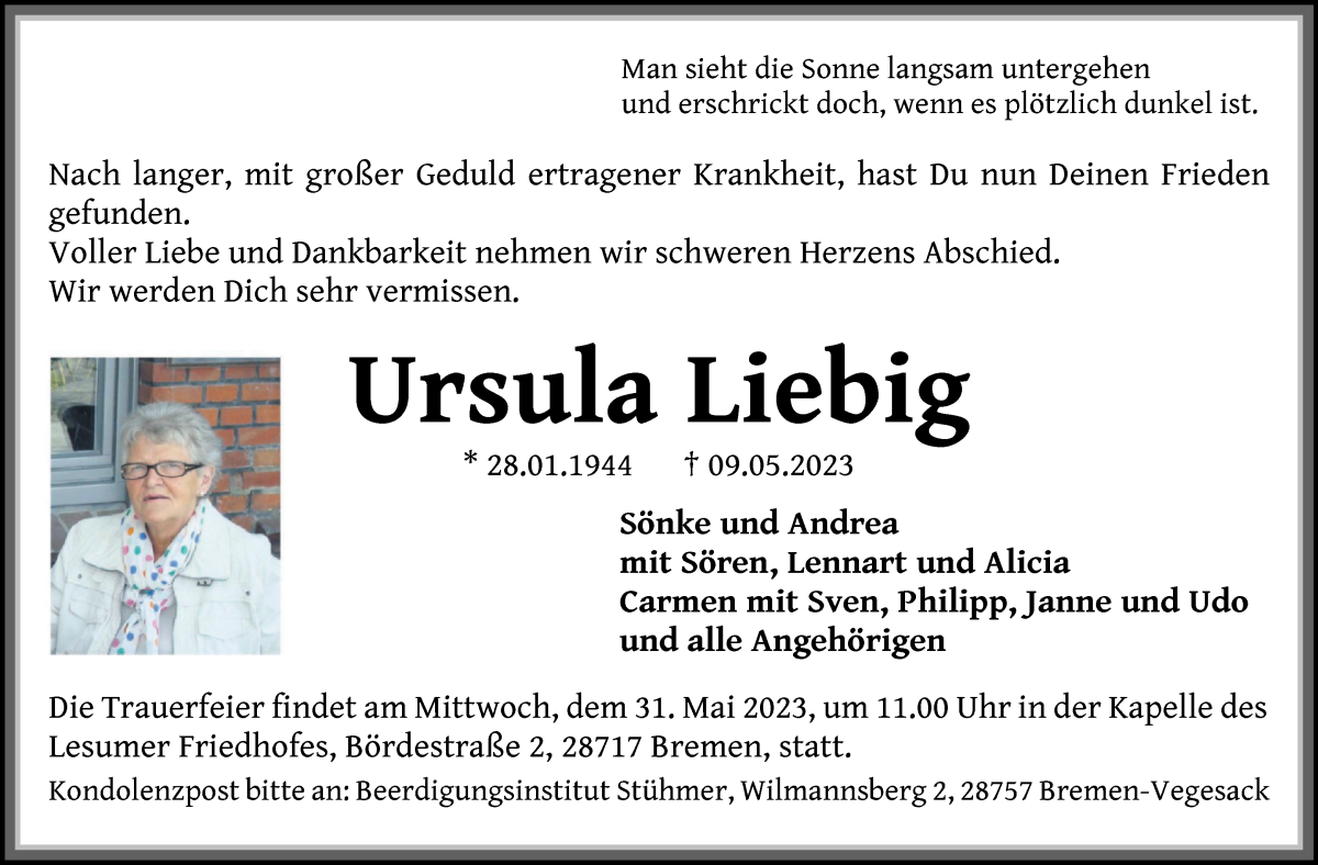 Traueranzeige von Ursula Liebig von Die Norddeutsche