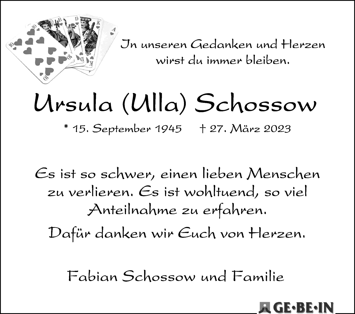 Traueranzeige von Ursula Schossow von WESER-KURIER