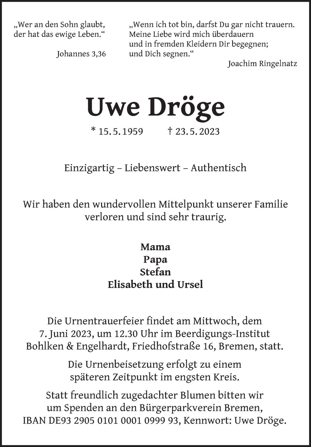 Traueranzeige von Uwe Dröge von WESER-KURIER