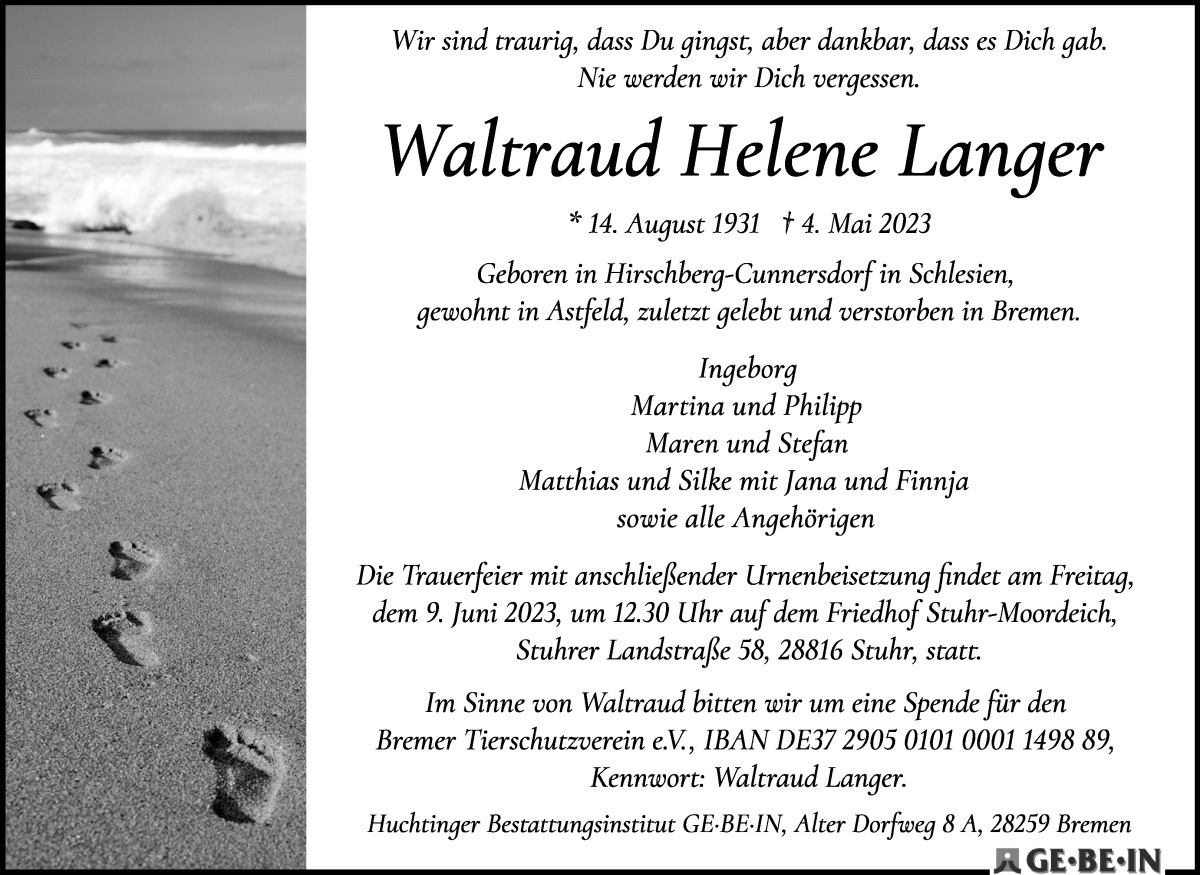 Traueranzeige von Waltraud Helene Langer von WESER-KURIER