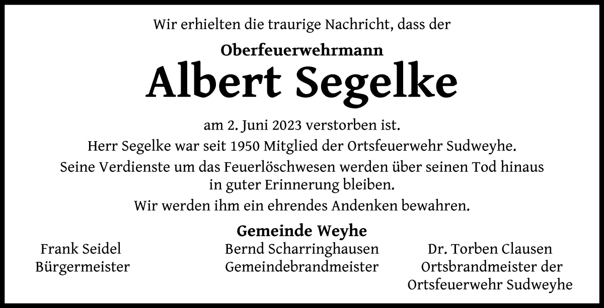 Traueranzeige von Albert Segelke von Regionale Rundschau/Syker Kurier