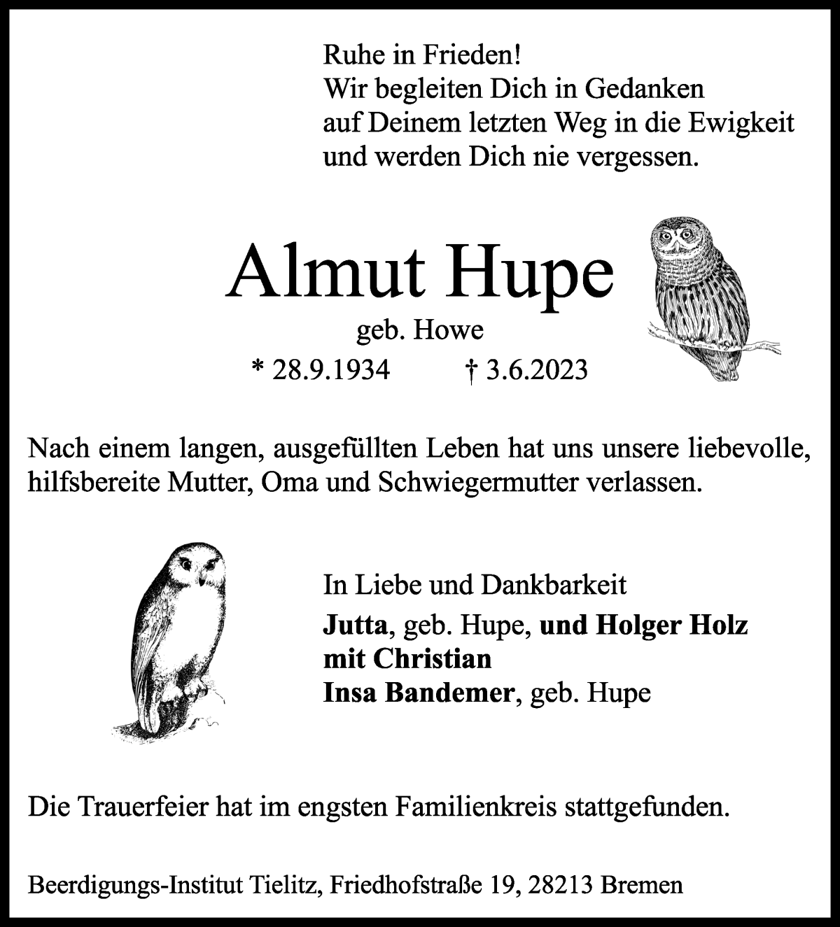 Traueranzeige von Almut Hupe von WESER-KURIER