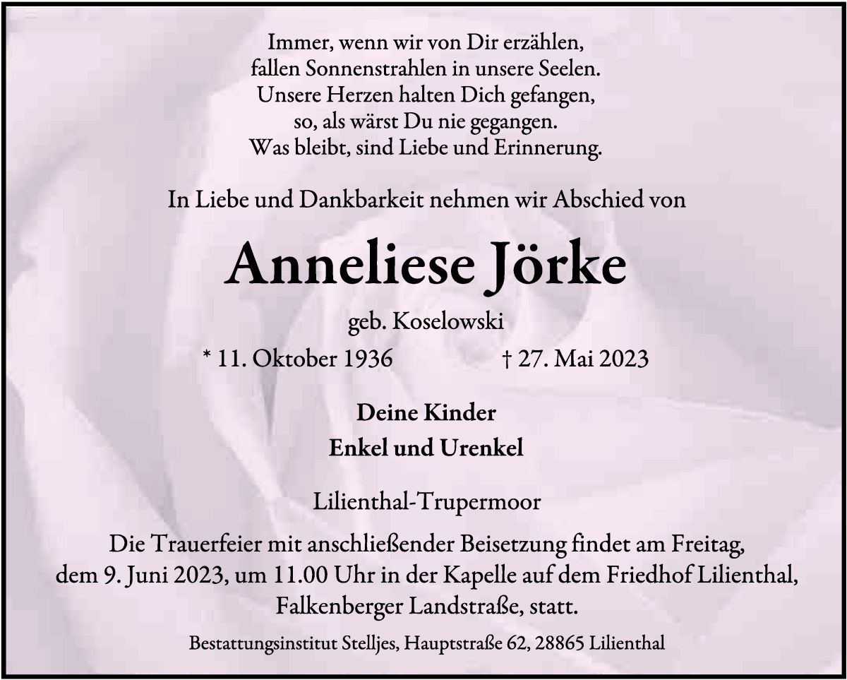 Traueranzeige von Anneliese Jörke von Wuemme Zeitung
