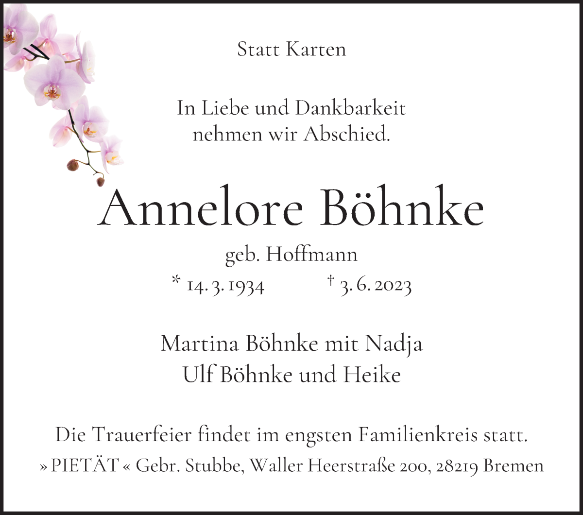 Traueranzeige von Annelore Böhnke von WESER-KURIER