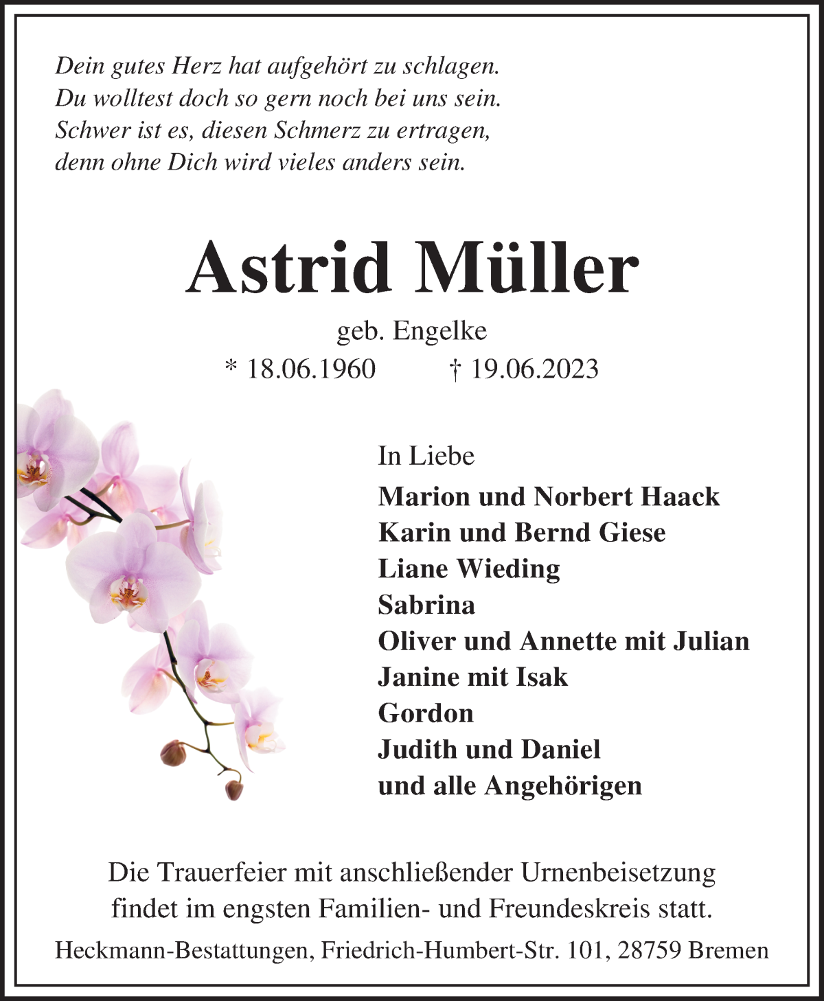 Traueranzeige von Astrid Müller von Die Norddeutsche