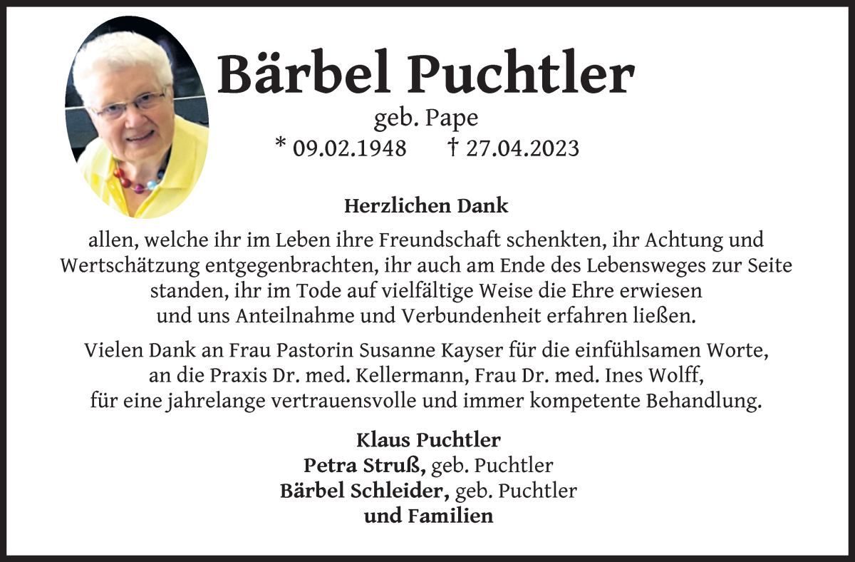 Traueranzeige von Bärbel Puchtler von WESER-KURIER