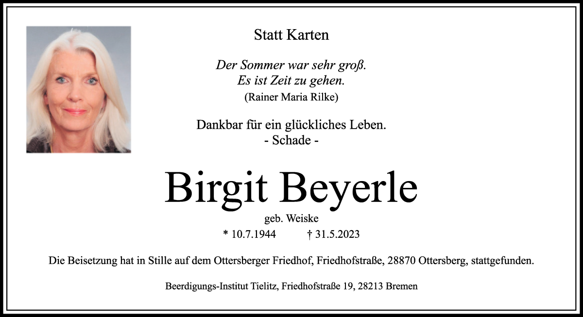 Traueranzeige von Birgit Beyerle von WESER-KURIER