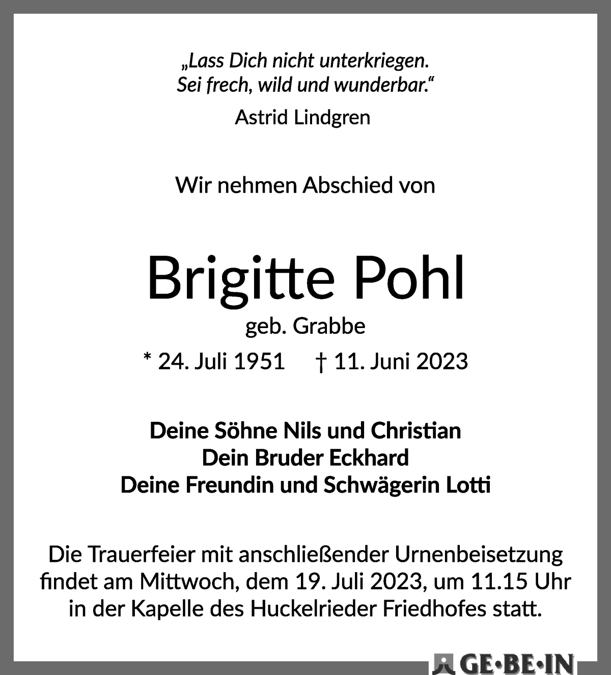 Traueranzeige von Brigitte Pohl von WESER-KURIER