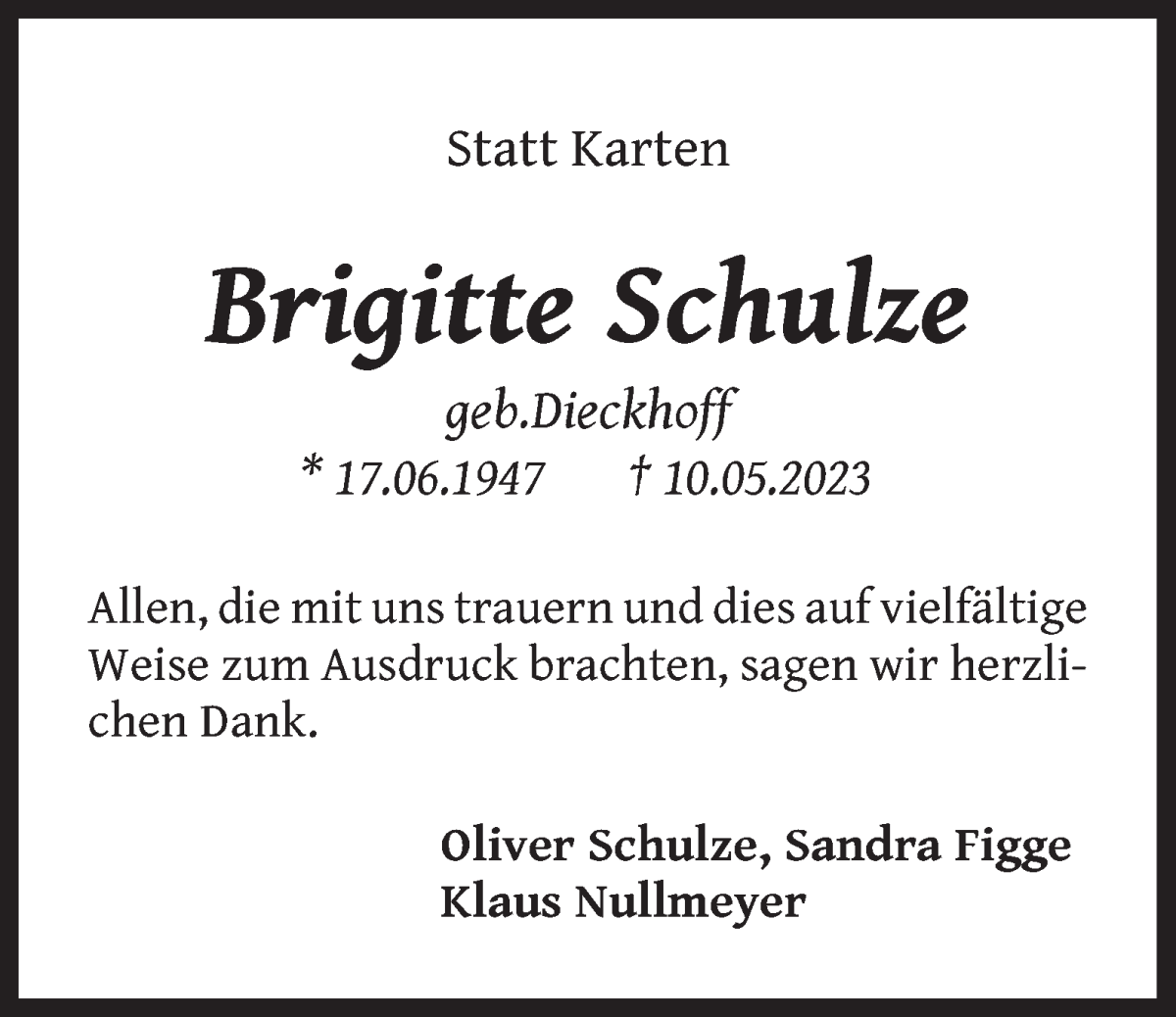 Traueranzeige von Brigitte Schulze von WESER-KURIER