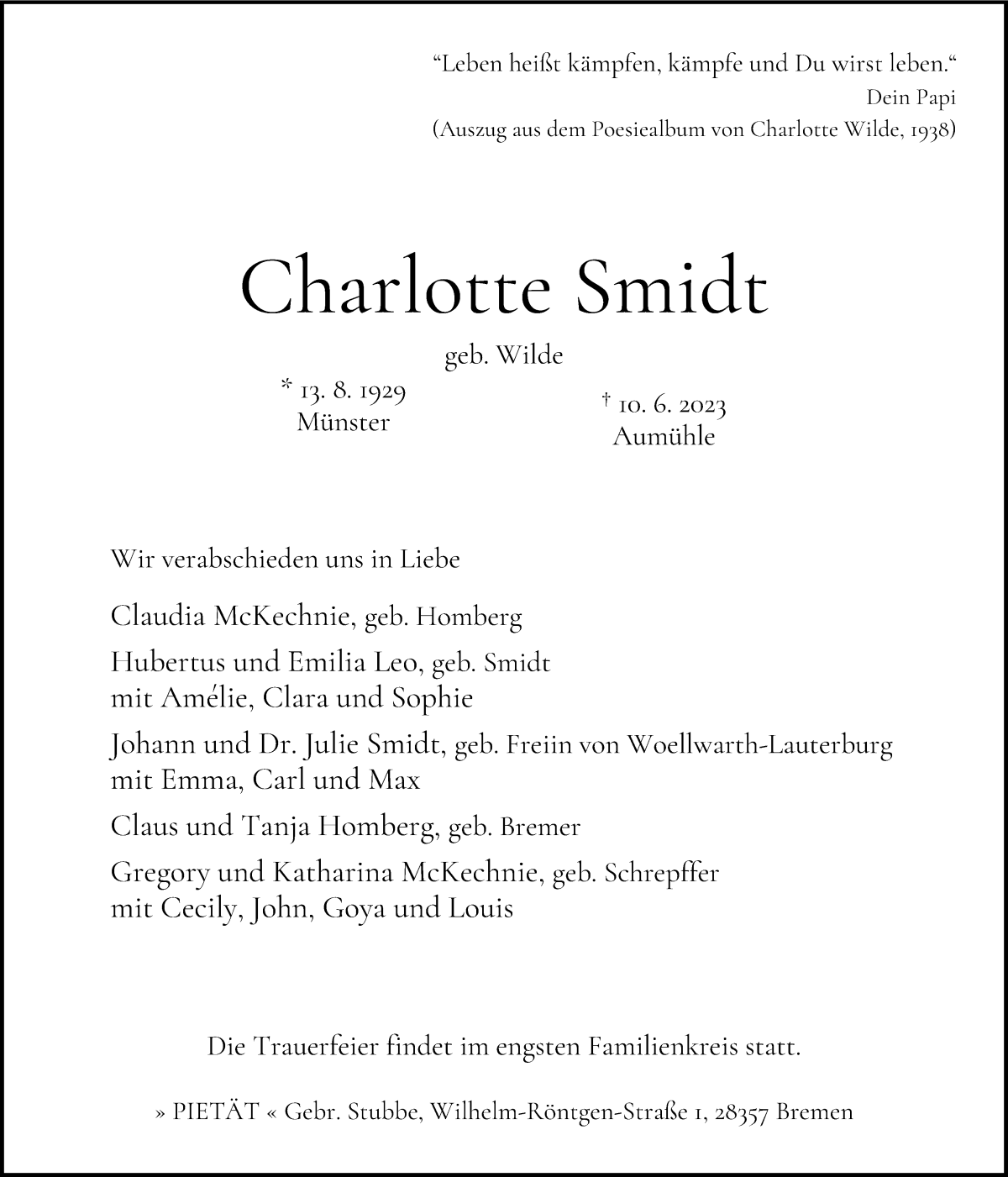 Traueranzeige von Charlotte Smidt von WESER-KURIER