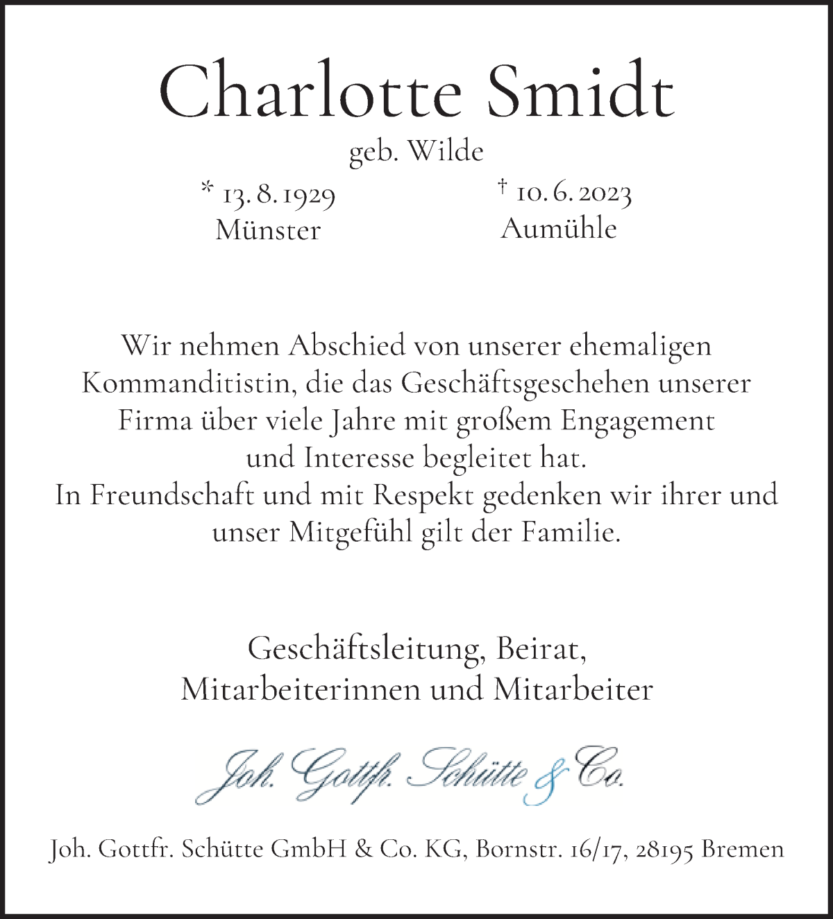 Traueranzeige von Charlotte Smidt von WESER-KURIER