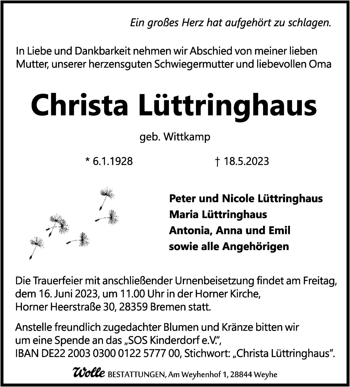 Traueranzeige von Christa Lüttringhaus von WESER-KURIER