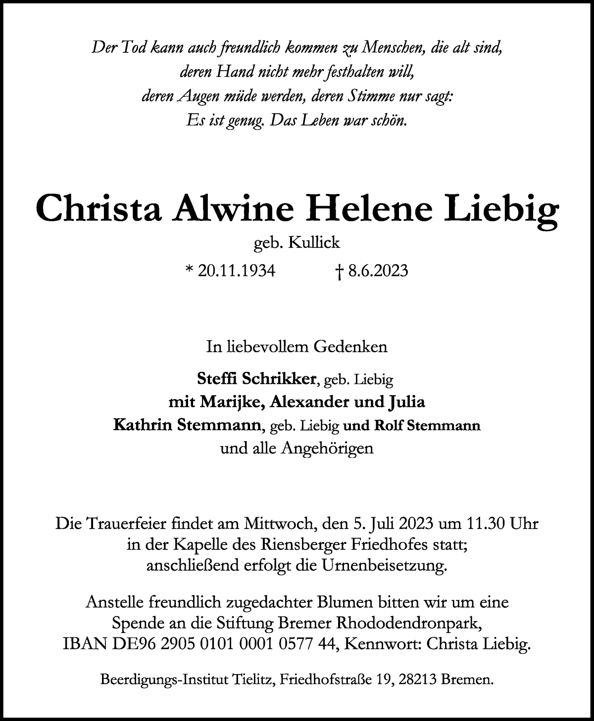 Traueranzeige von Christa Alwine Helene Liebig von WESER-KURIER