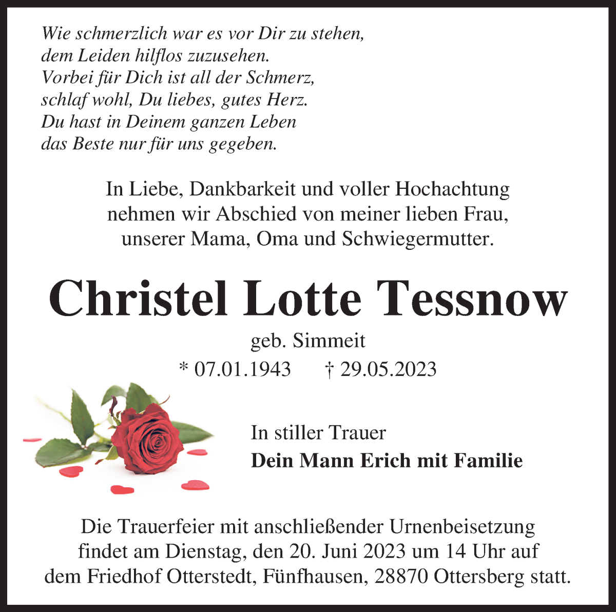 Traueranzeige von Christel Lotte Tessnow von WESER-KURIER