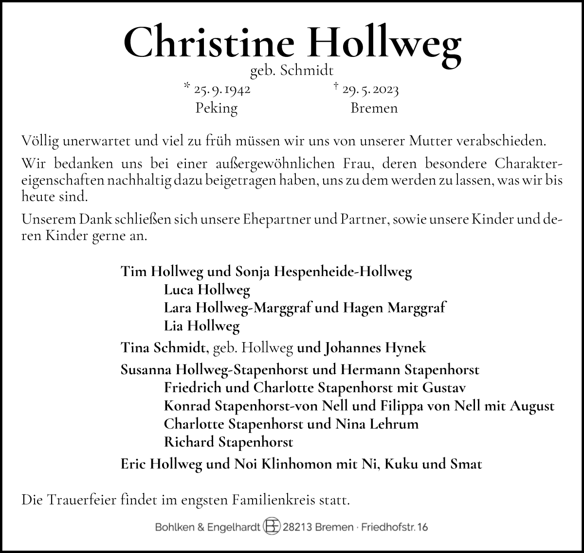 Traueranzeige von Christine Hollweg von WESER-KURIER