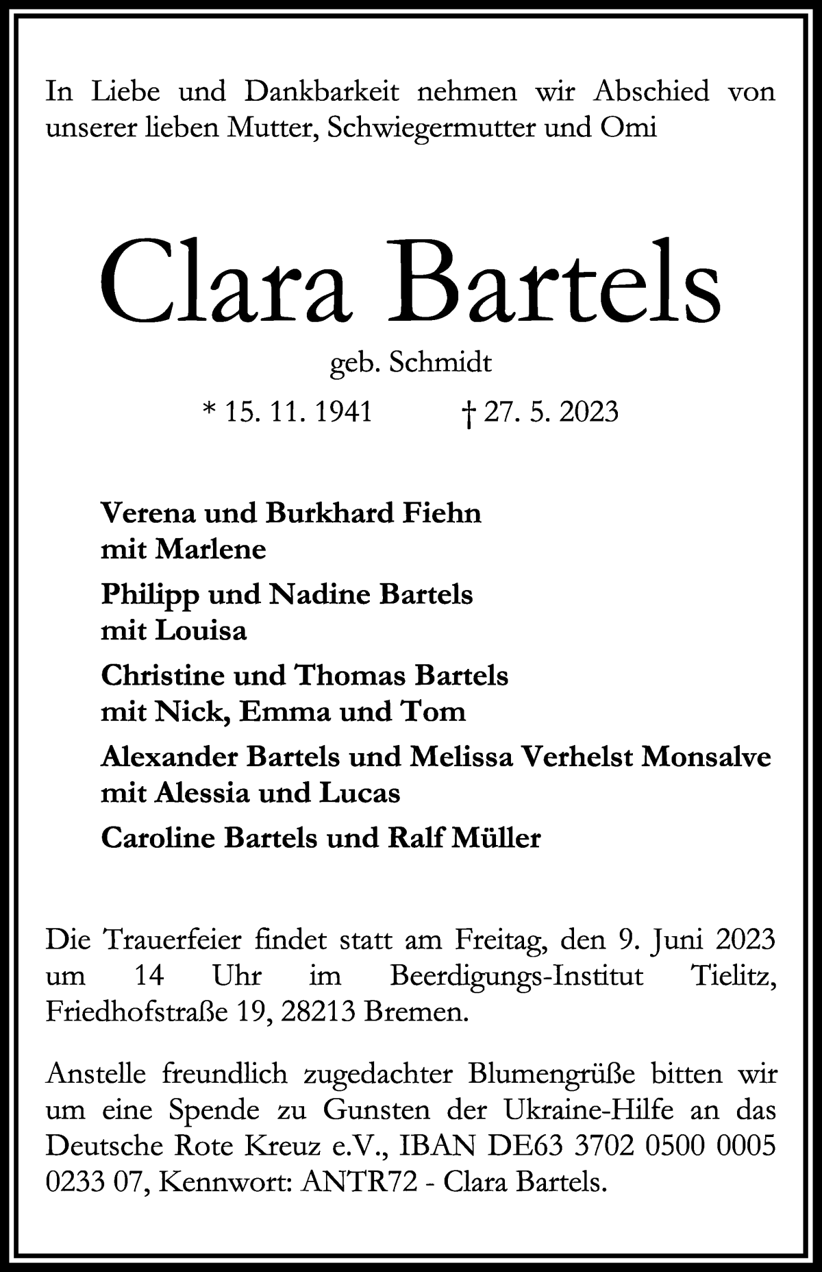 Traueranzeige von Clara Bartels von WESER-KURIER