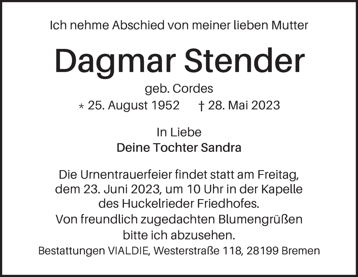Traueranzeige von Dagmar Stender von WESER-KURIER