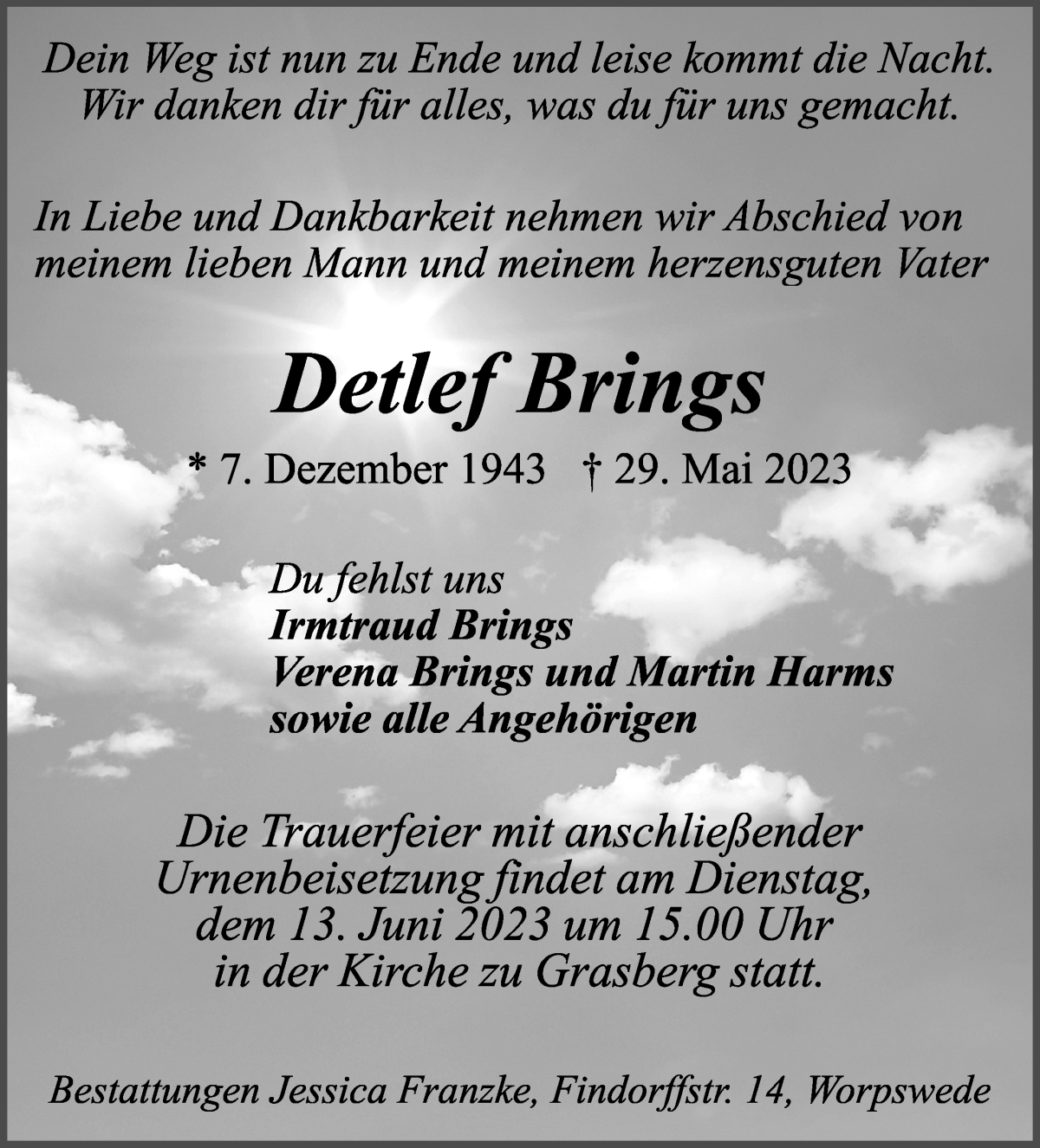 Traueranzeige von Detlef Brings von Wuemme Zeitung