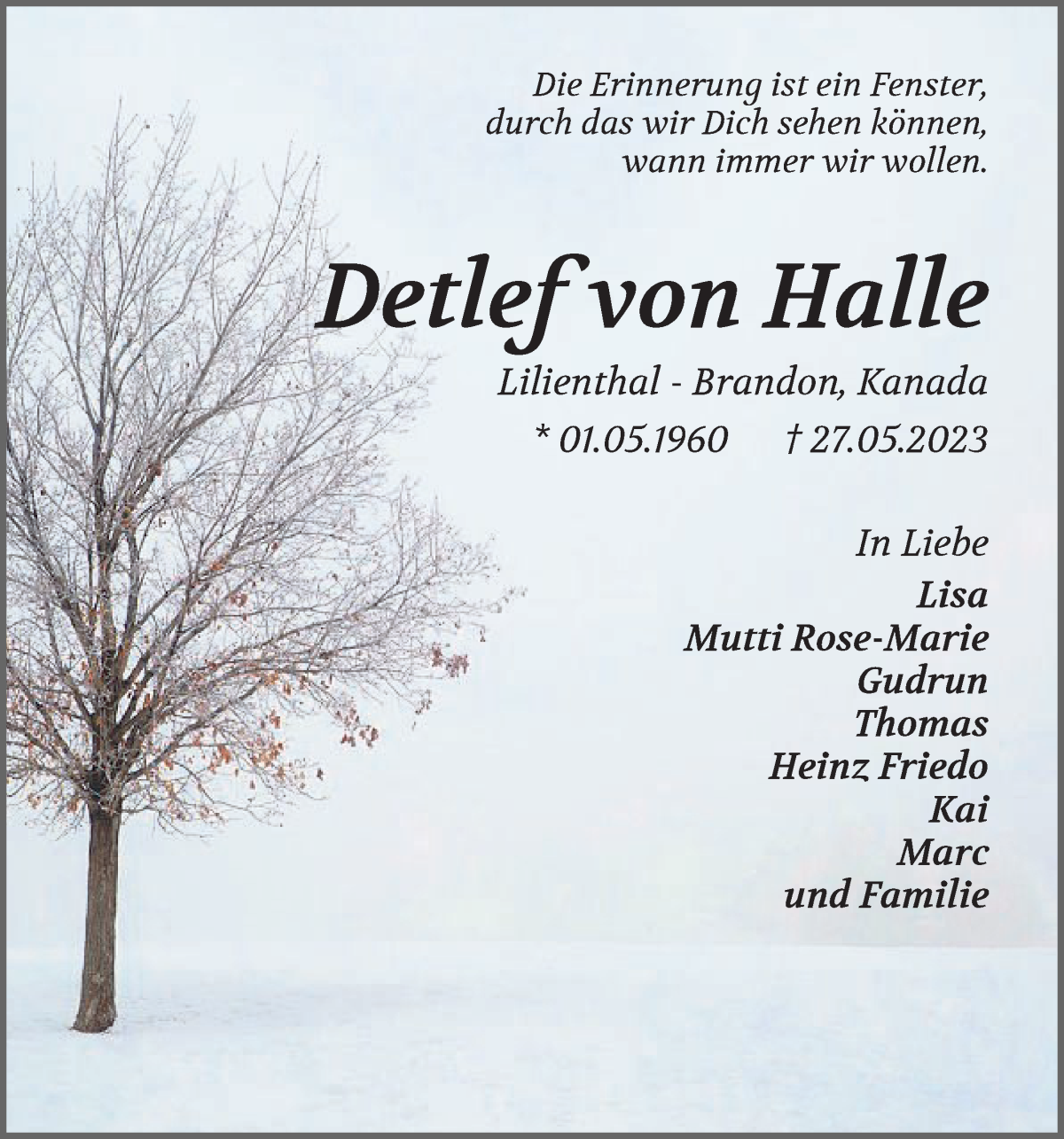 Traueranzeige von Detlef von Halle von Wuemme Zeitung