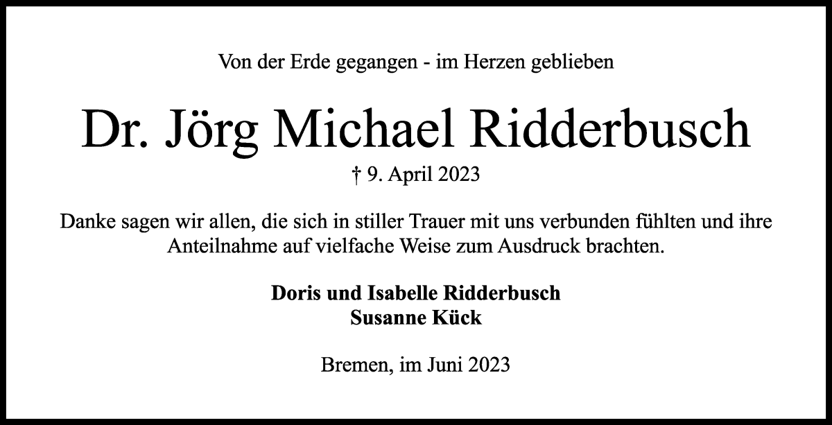 Traueranzeige von Dr. Jörg Michael Ridderbusch von WESER-KURIER