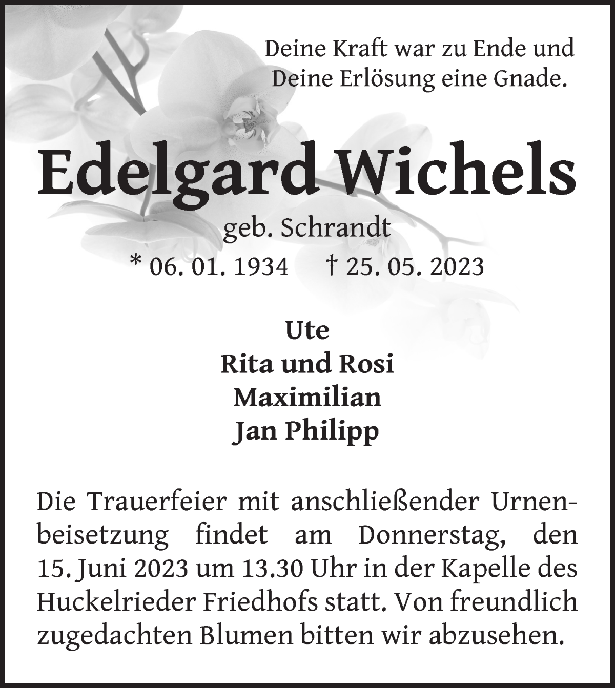 Traueranzeige von Edelgard Wichels von Wuemme Zeitung