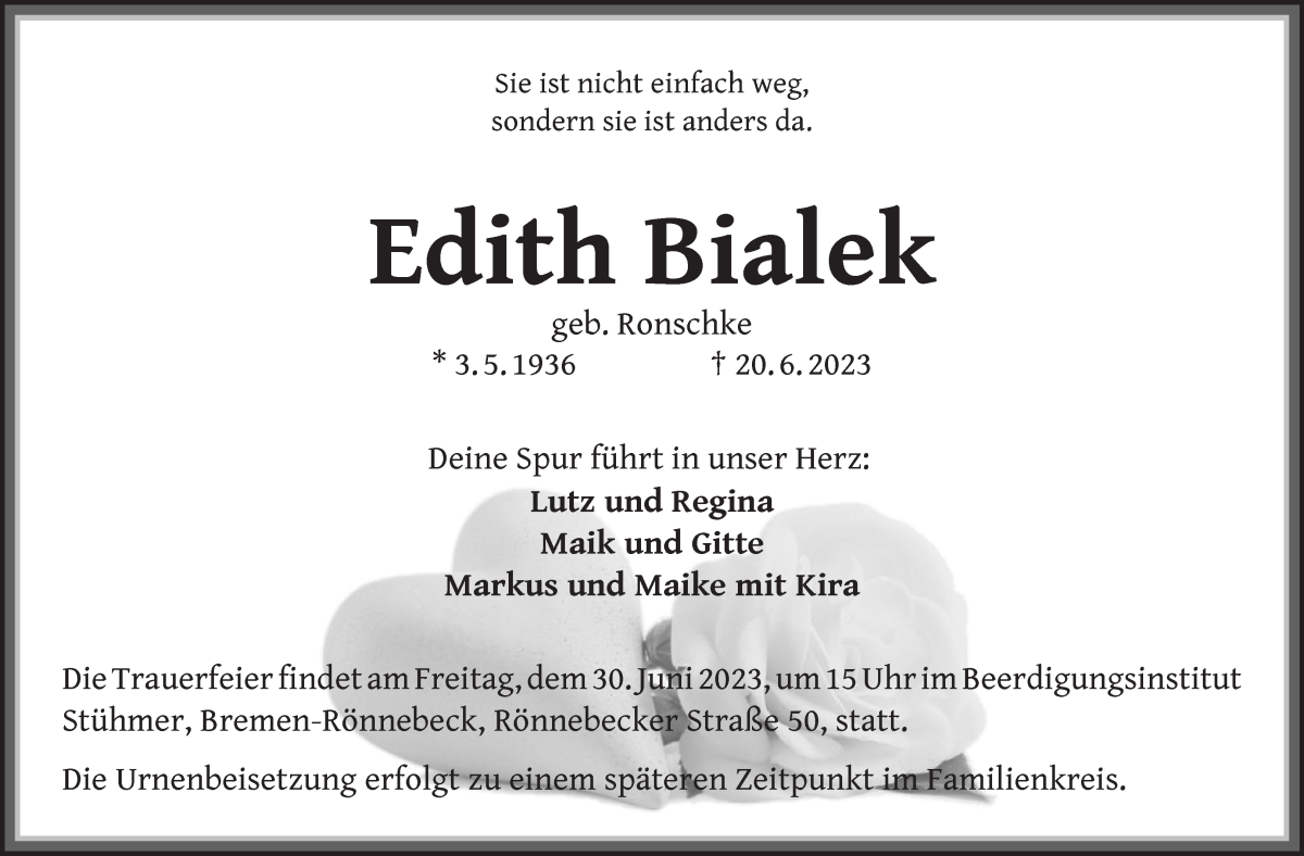 Traueranzeige von Edith Bialek von Die Norddeutsche