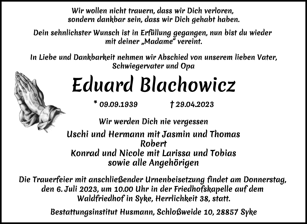 Traueranzeige von Eduard Blachowicz von WESER-KURIER