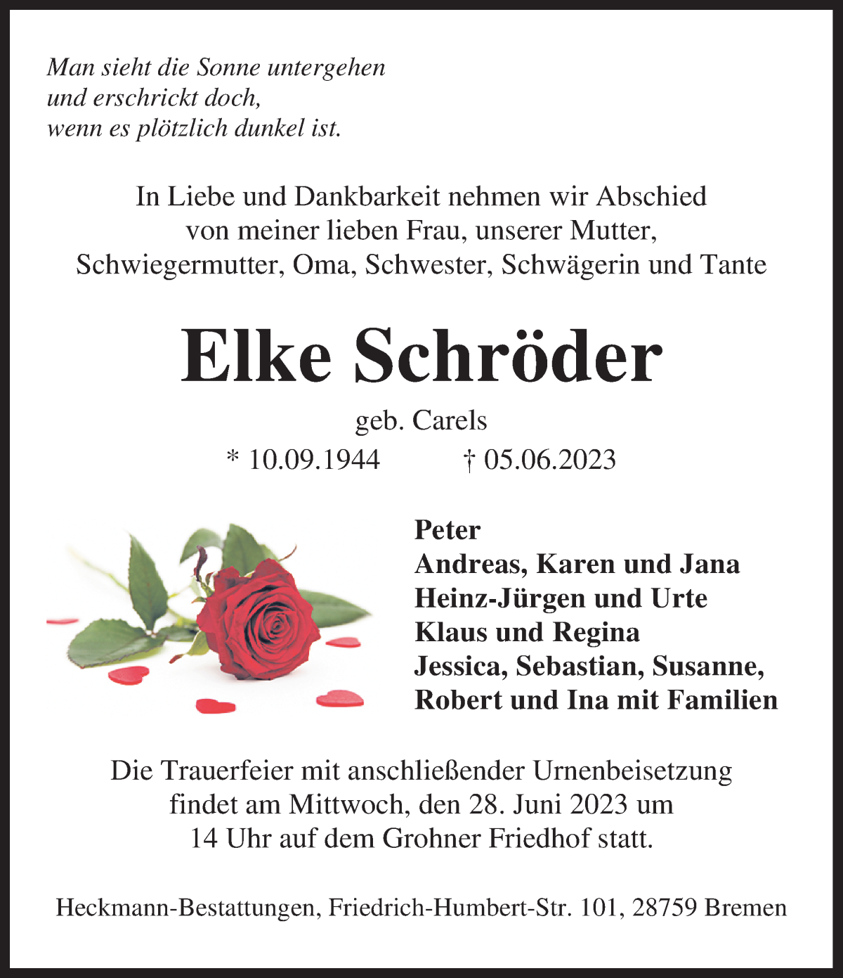 Traueranzeige von Elke Schröder von Die Norddeutsche