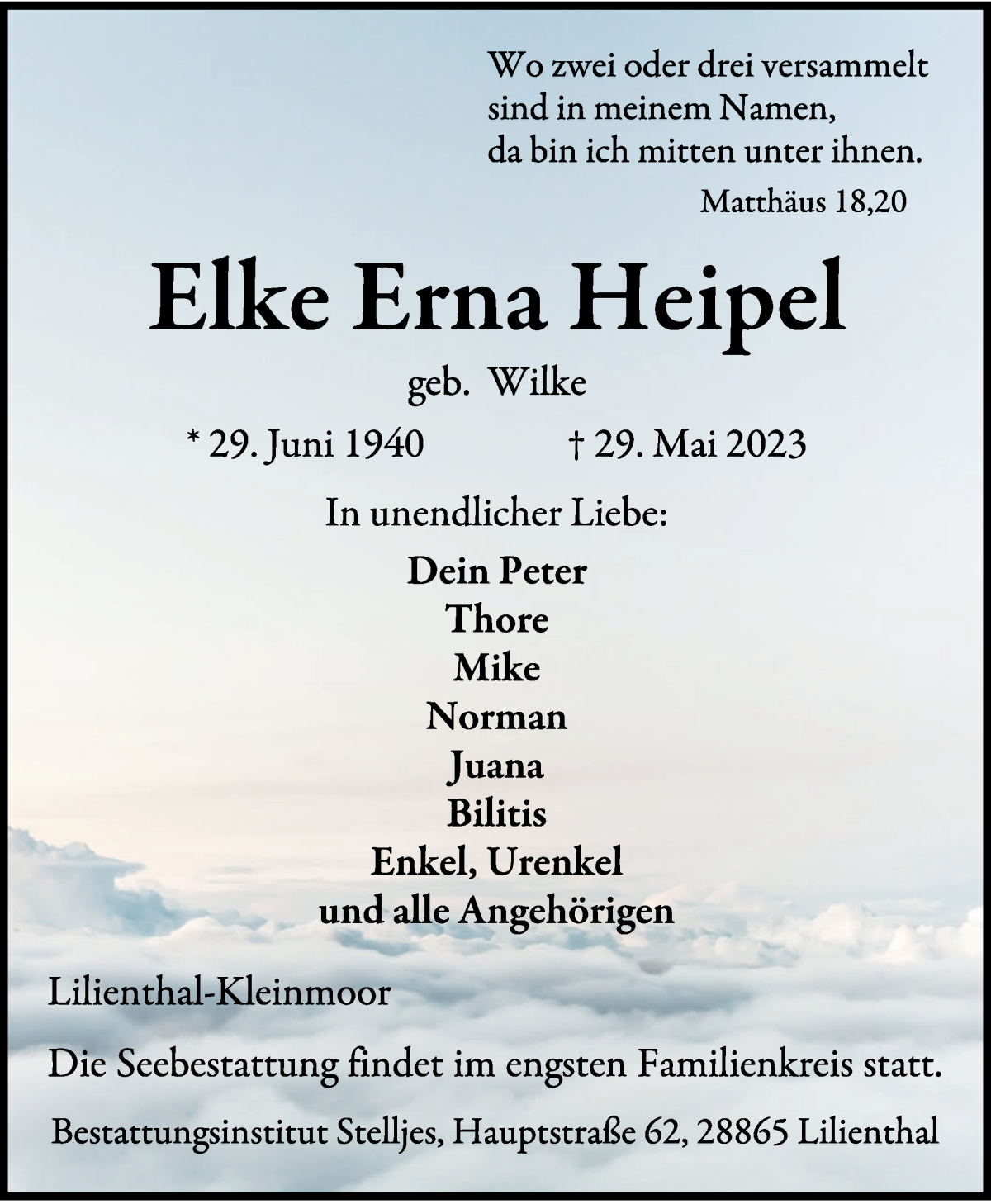 Traueranzeige von Elke Erna Heipel von Wuemme Zeitung