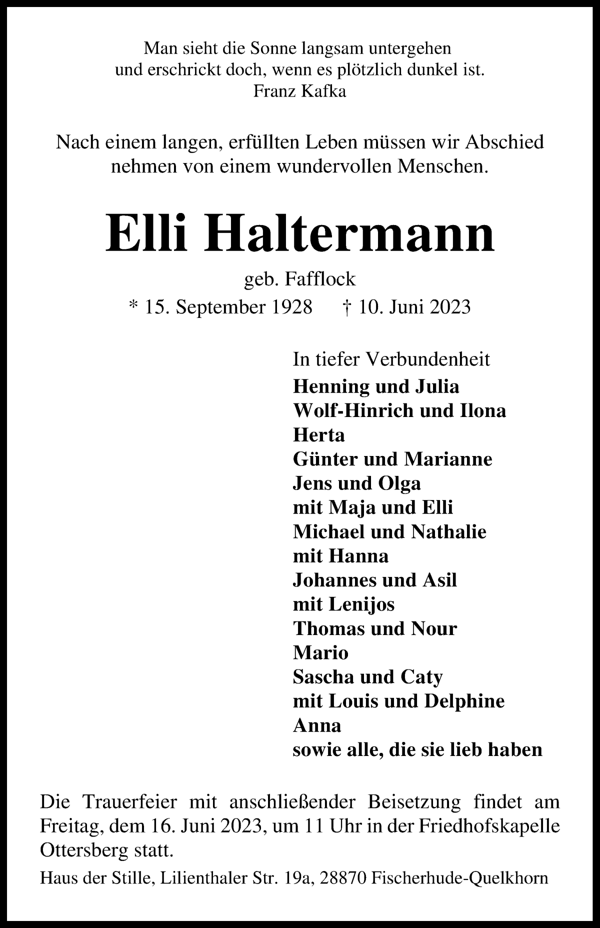 Traueranzeige von Elli Haltermann von Achimer Kurier/Verdener Nachrichten