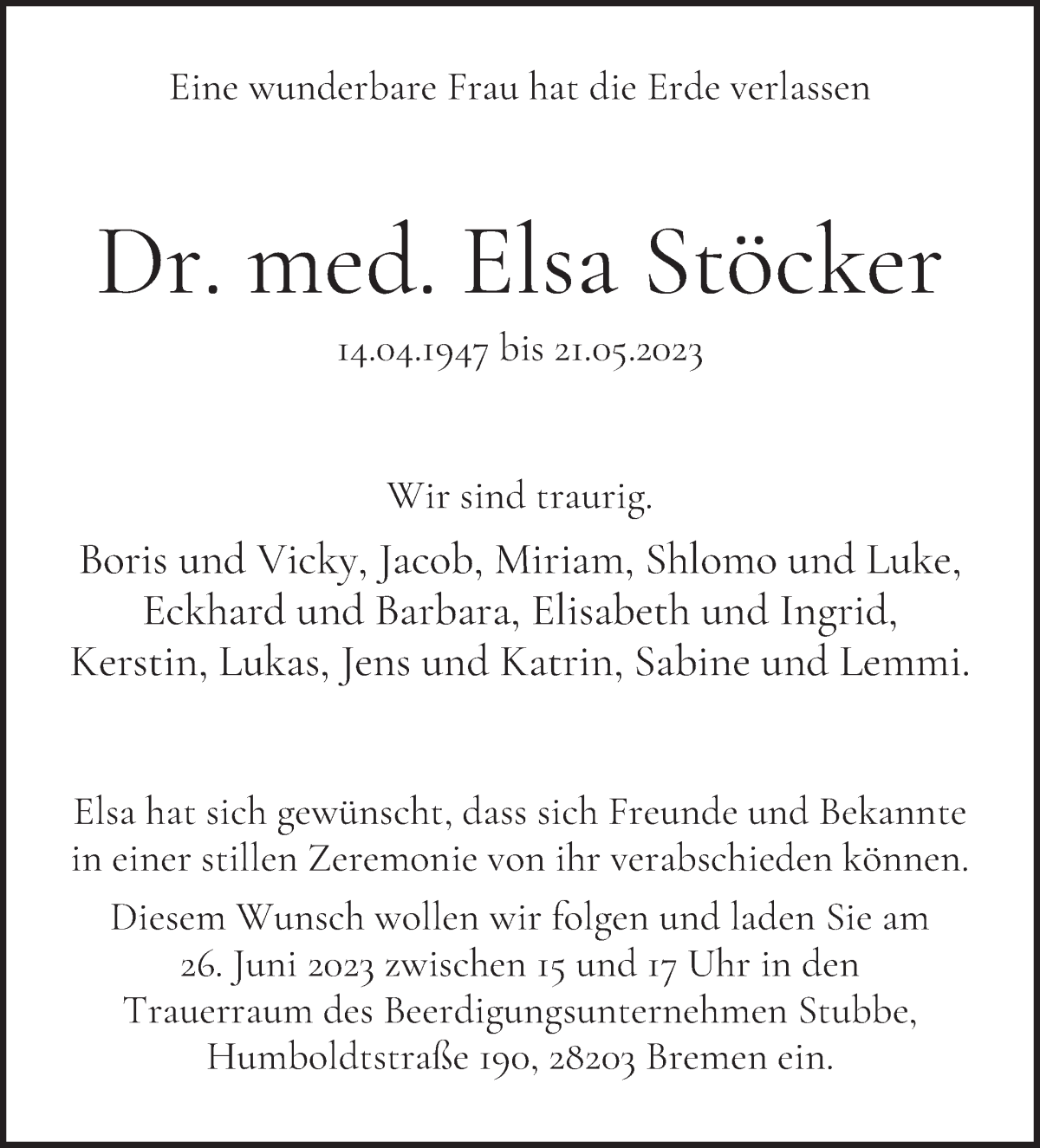 Traueranzeige von Elsa Stöcker von WESER-KURIER