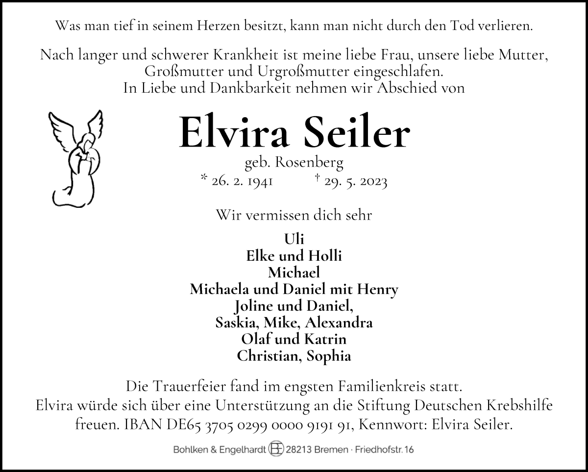 Traueranzeige von Elvira Seiler von WESER-KURIER