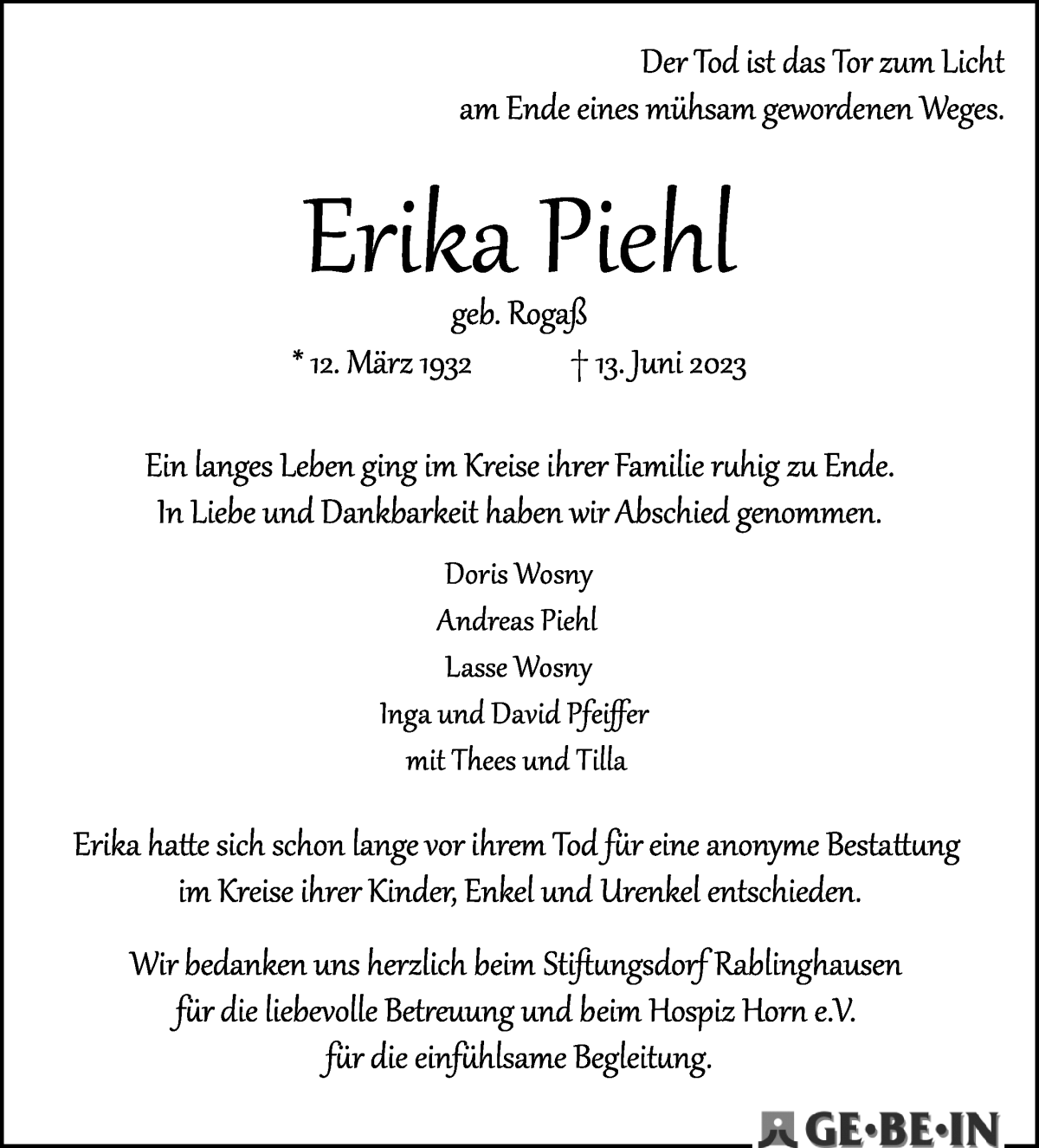 Traueranzeige von Erika Piehl von WESER-KURIER