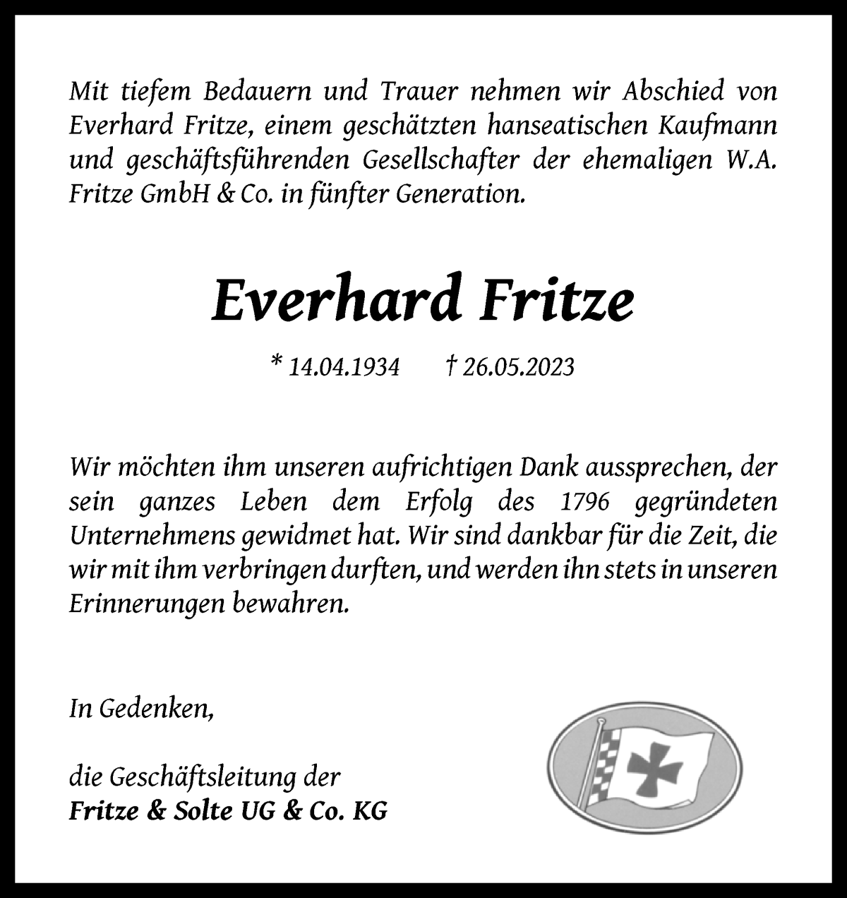 Traueranzeige von Everhard  Fritze von WESER-KURIER