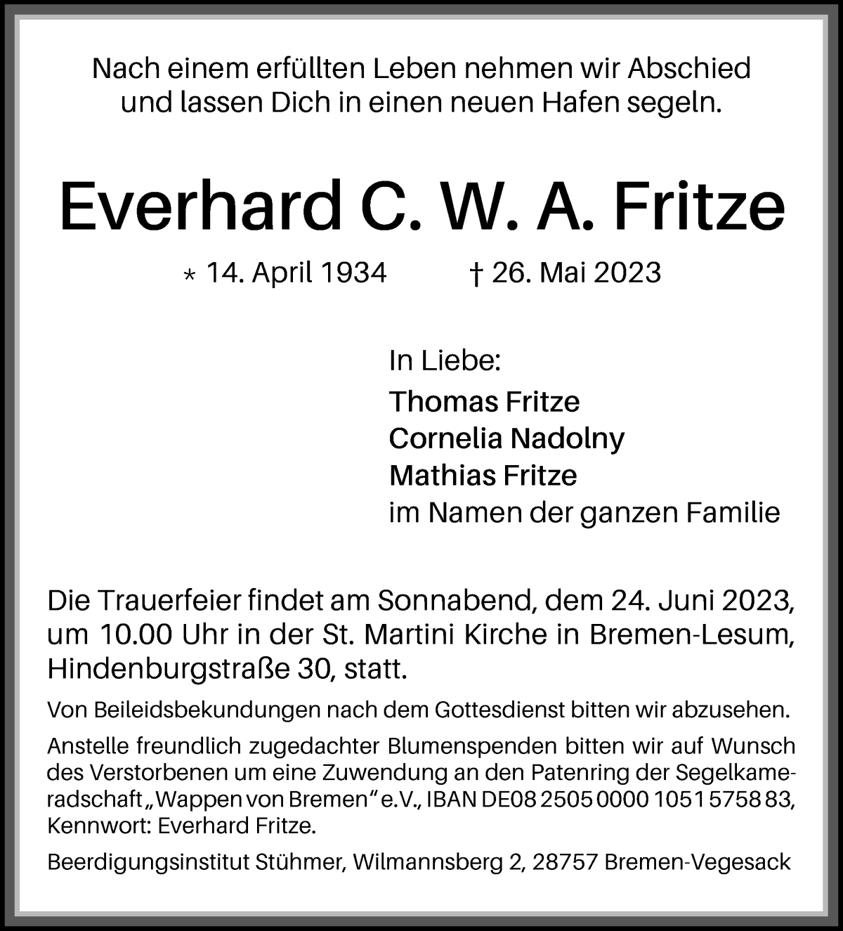 Traueranzeige von Everhard  Fritze von WESER-KURIER