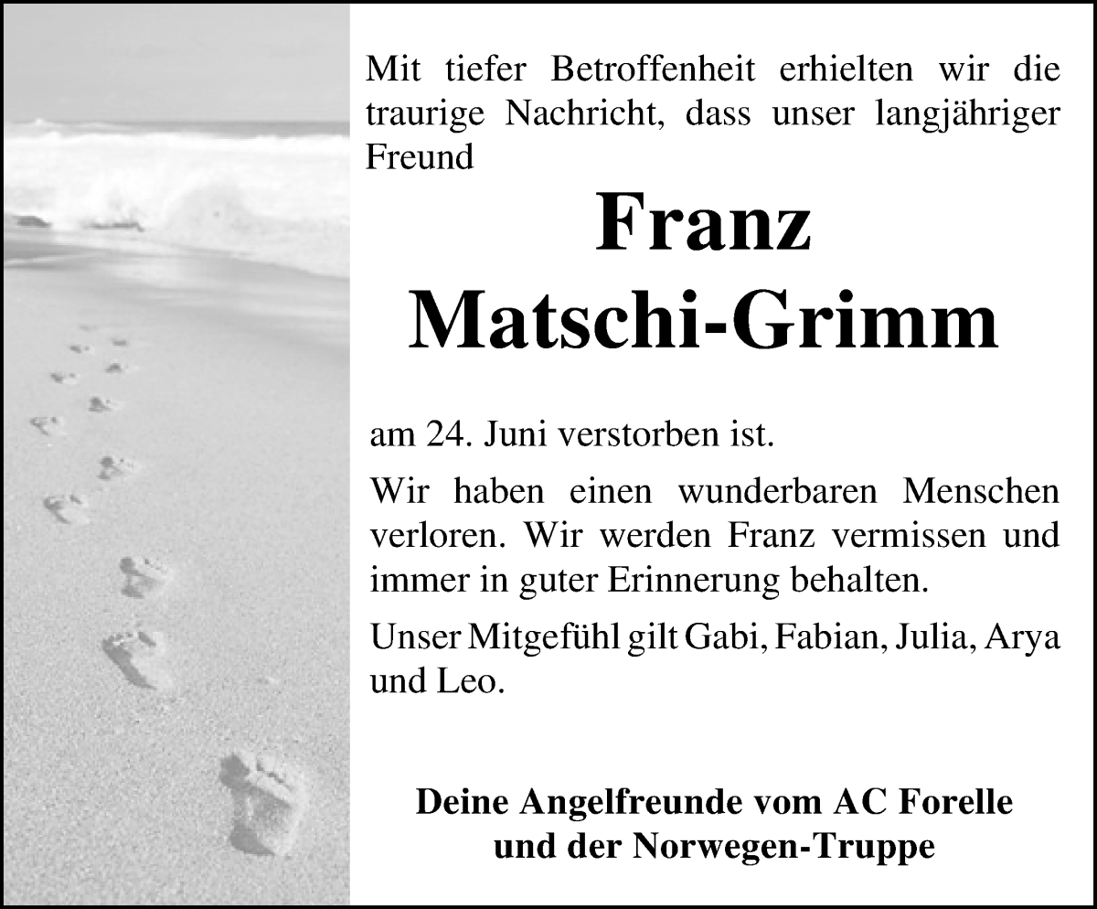 Traueranzeige von Franz Matschi-Grimm von Osterholzer Kreisblatt