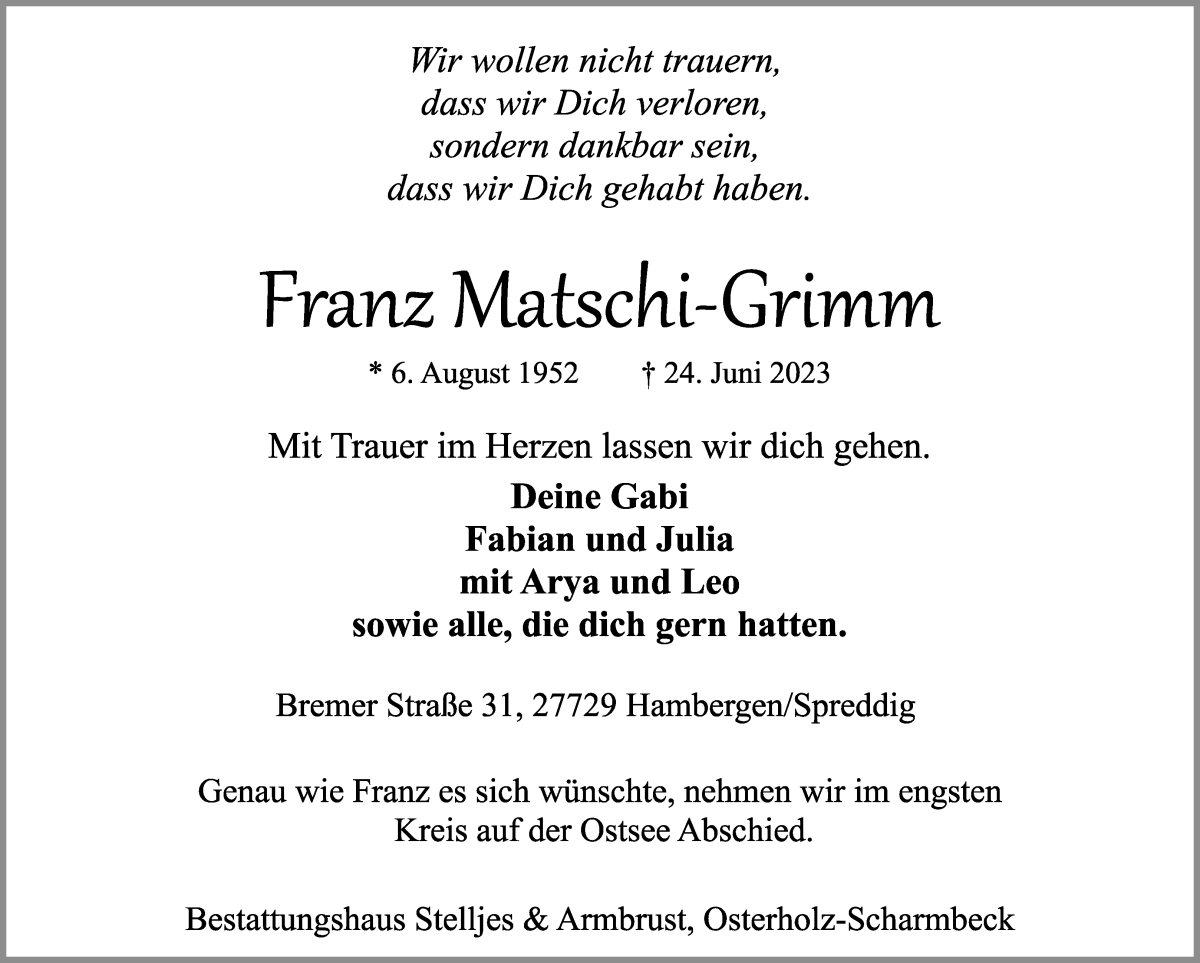 Traueranzeige von Franz Matschi-Grimm von WESER-KURIER