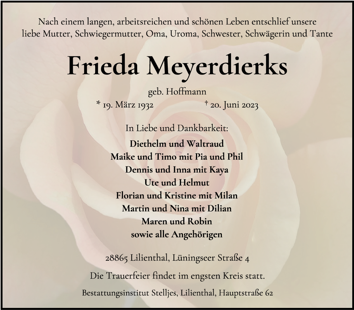 Traueranzeige von Frieda Meyerdierks von Wuemme Zeitung