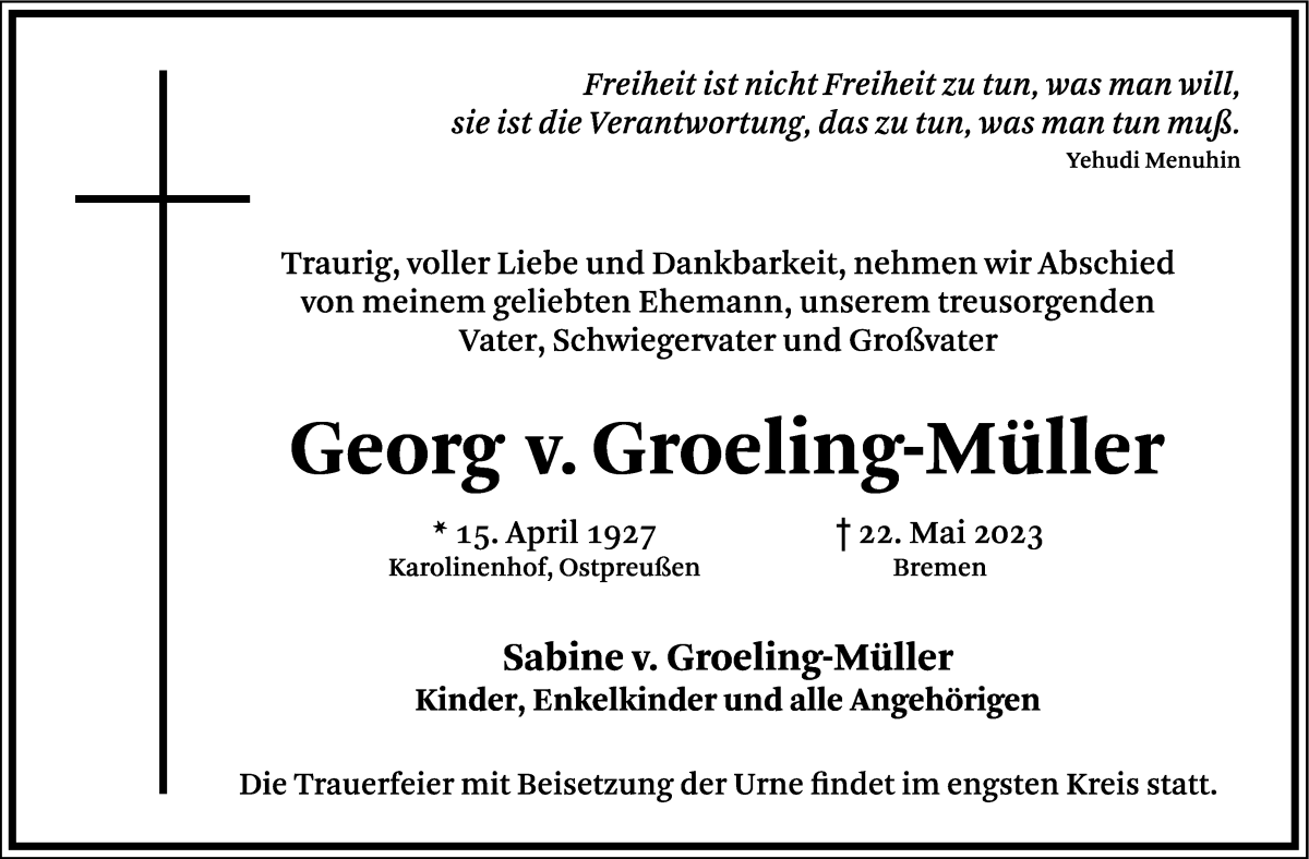 Traueranzeige von Georg v. Groeling- Müller von WESER-KURIER