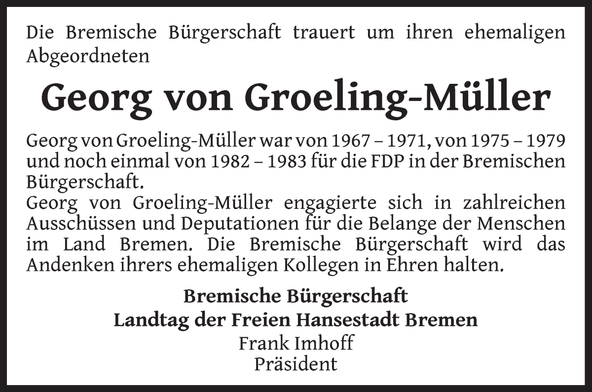 Traueranzeige von Georg von Groeling-Müller von WESER-KURIER