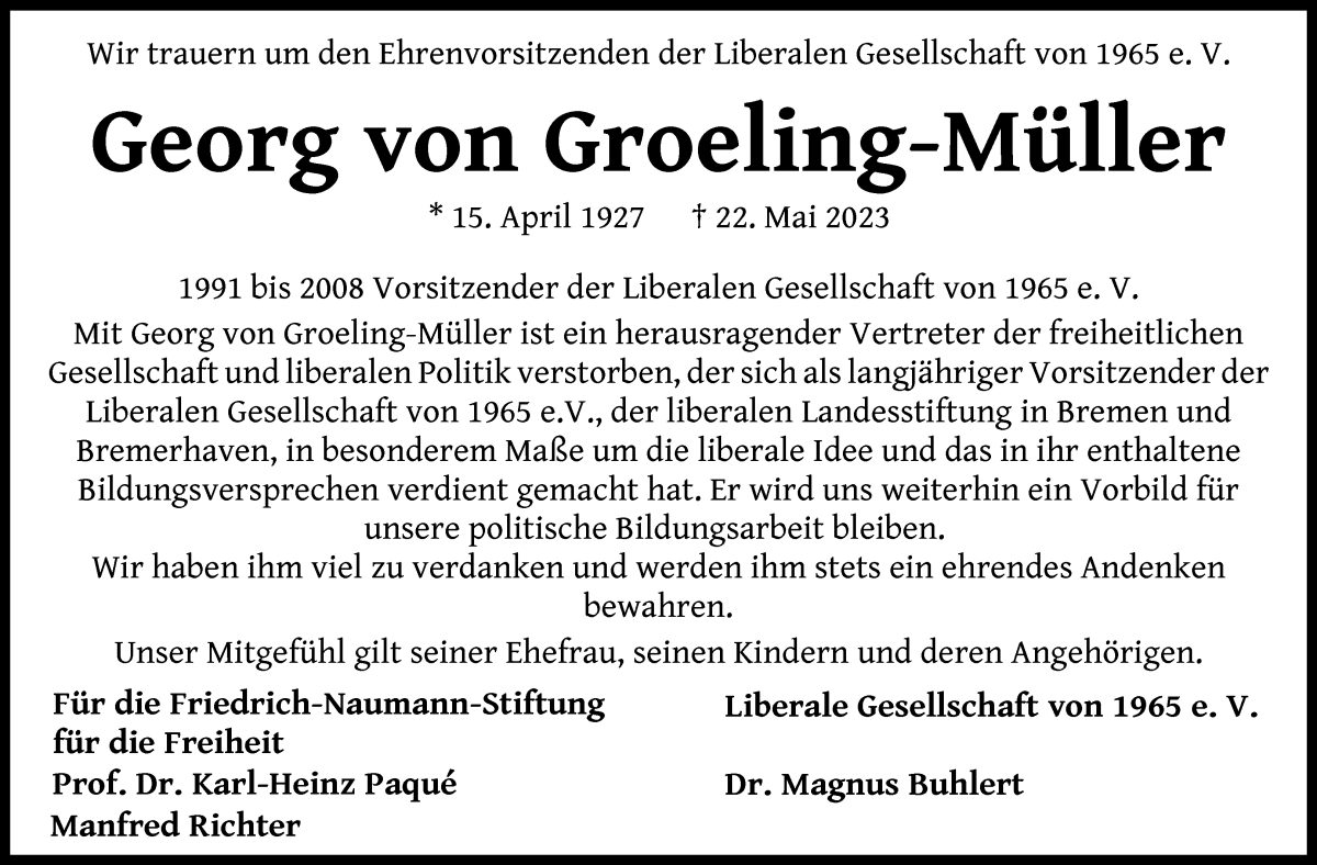 Traueranzeige von Georg von Groeling-Müller von WESER-KURIER