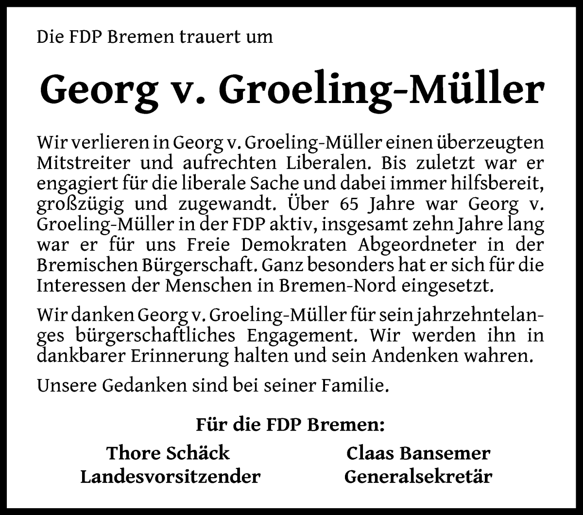 Traueranzeige von Georg von Groeling-Müller von Die Norddeutsche