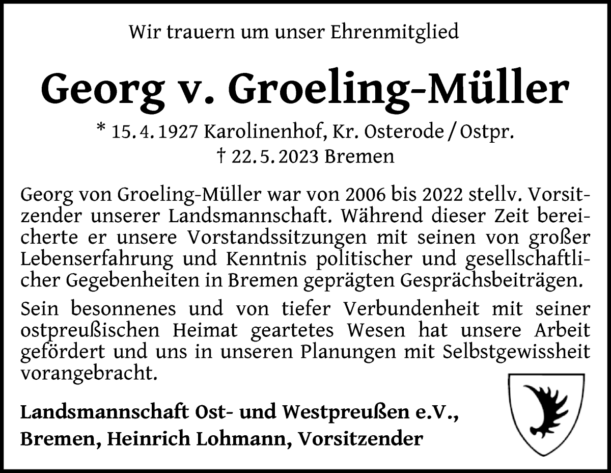 Traueranzeige von Georg von Groeling-Müller von WESER-KURIER