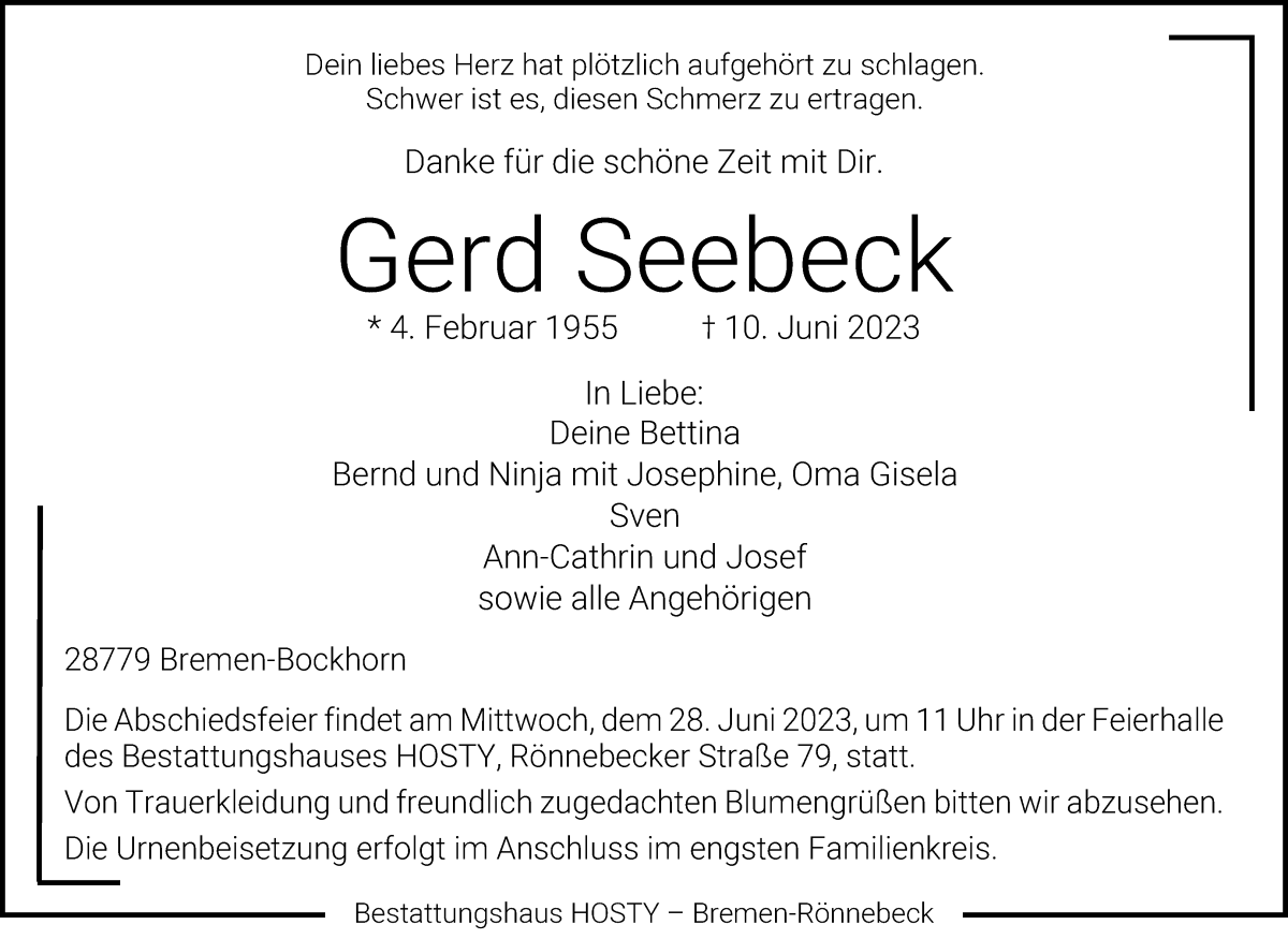 Traueranzeige von Gerd Seebeck von Die Norddeutsche