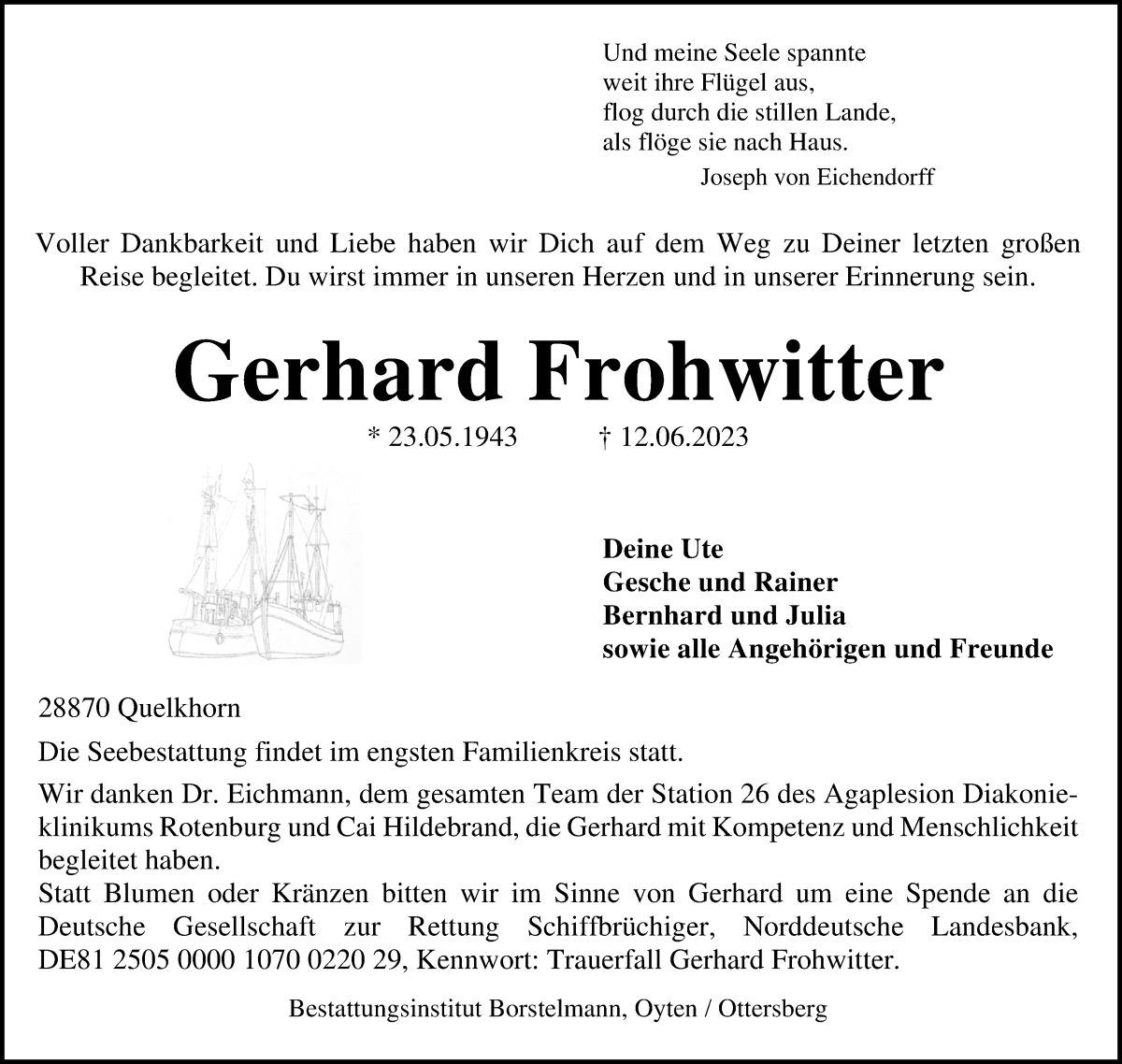 Traueranzeige von Gerhard Frohwitter von WESER-KURIER