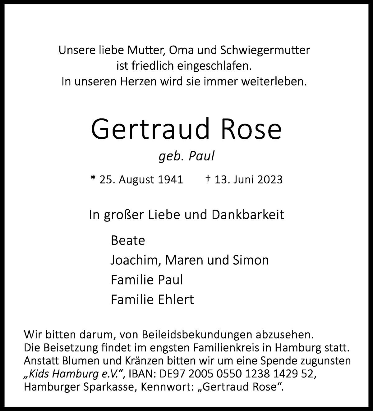 Traueranzeige von Gertraud Rose von WESER-KURIER