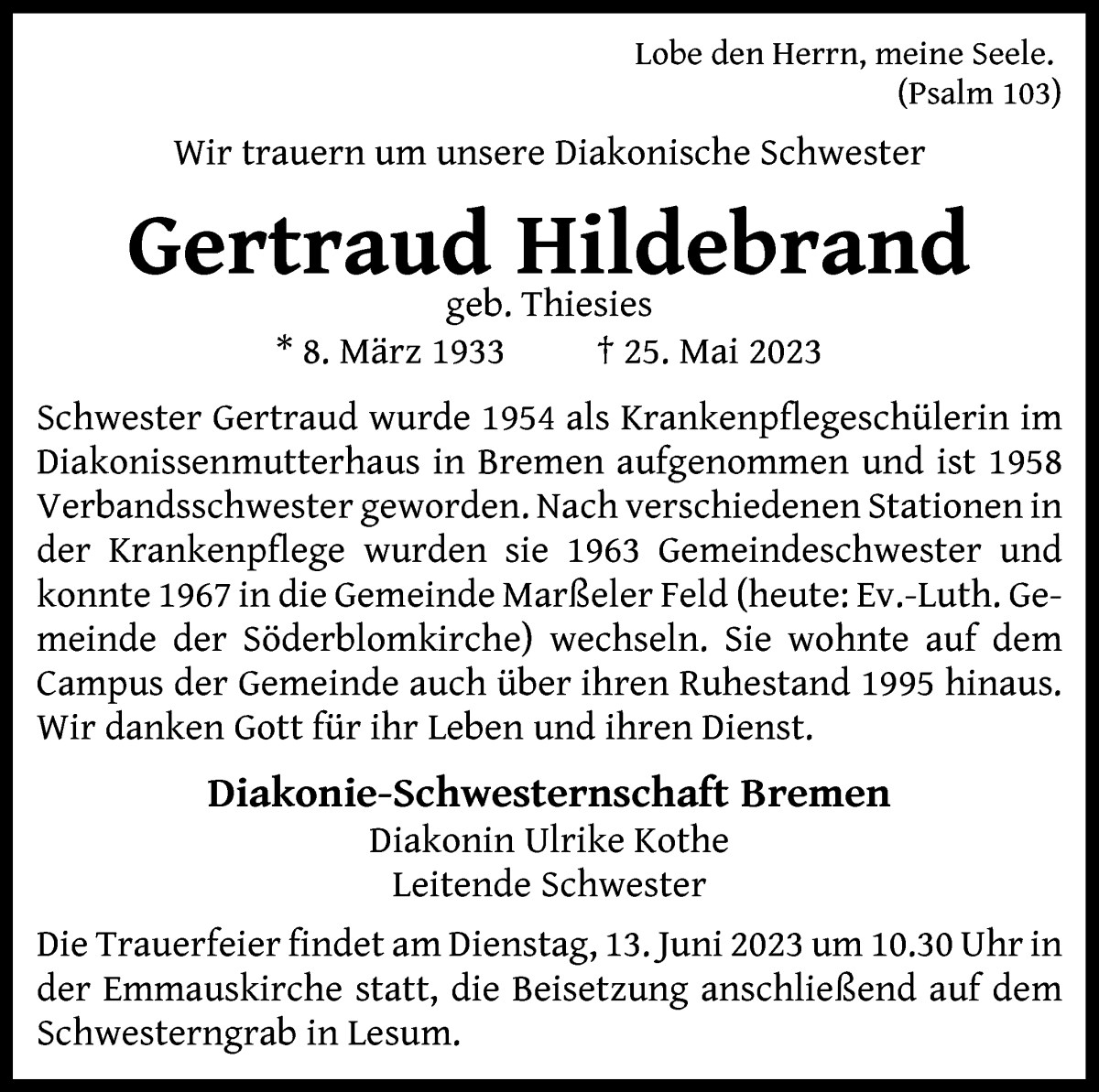 Traueranzeige von Getraud Hildebrand von WESER-KURIER