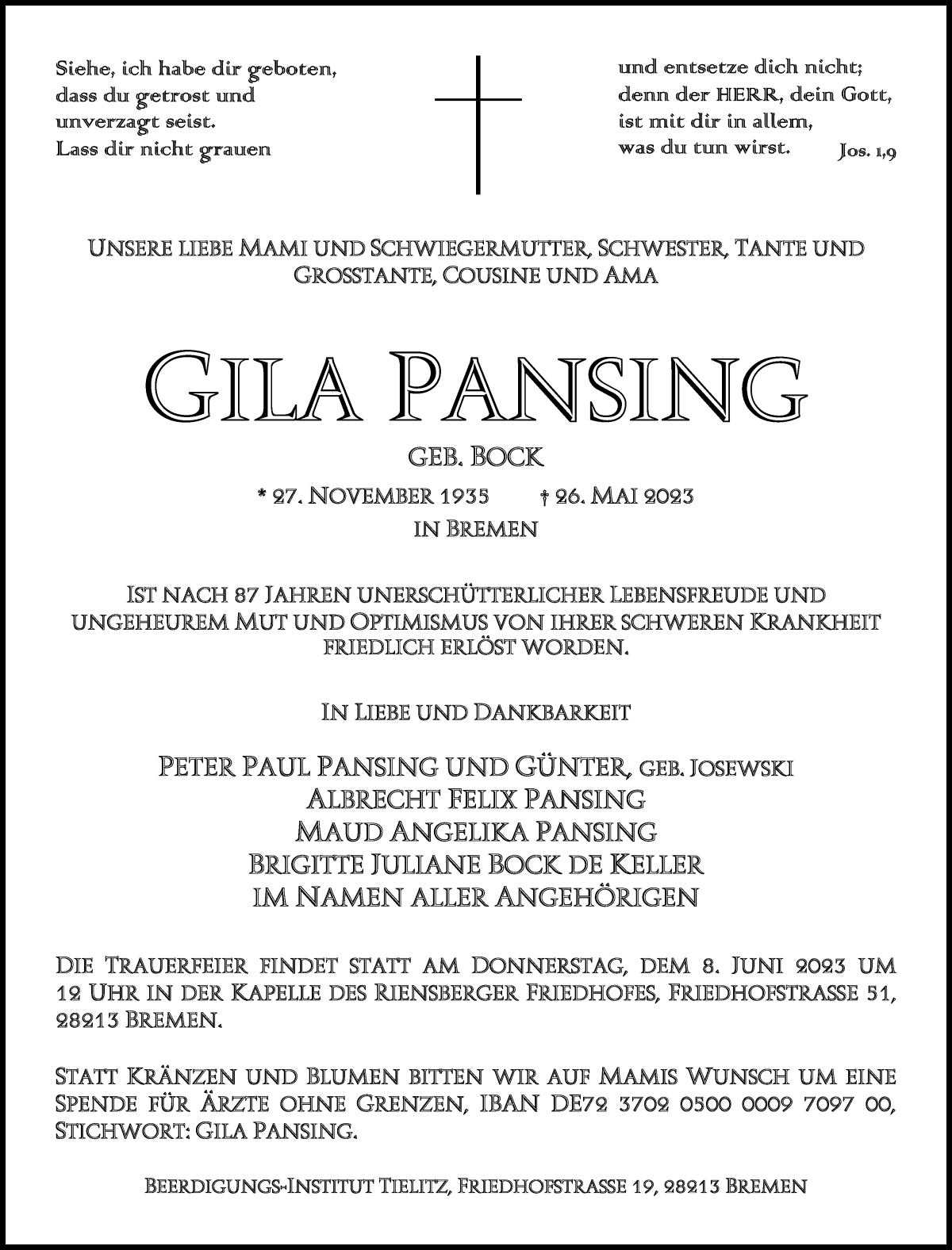 Traueranzeige von Gila Pansing von WESER-KURIER